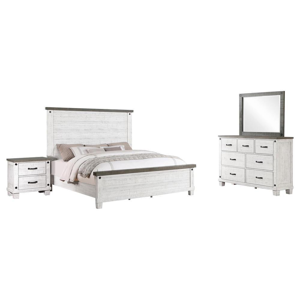 Rustic Distressed Gray and White Queen Bedroom Set with Gunmetal Accents