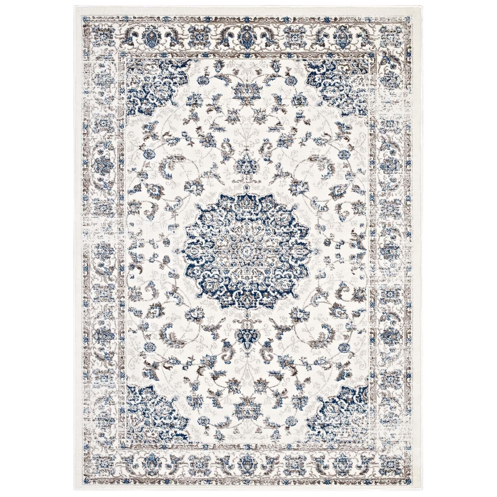 Ivory and Moroccan Blue Medallion Synthetic 5x8 Rug