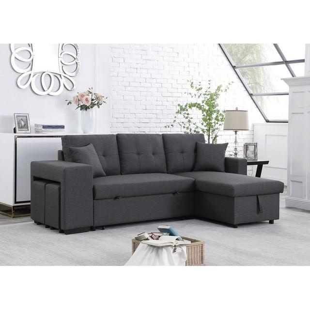 Lilola Home Linen Reversible Sleeper Sectional Sofa with Chaise Stools, Gray