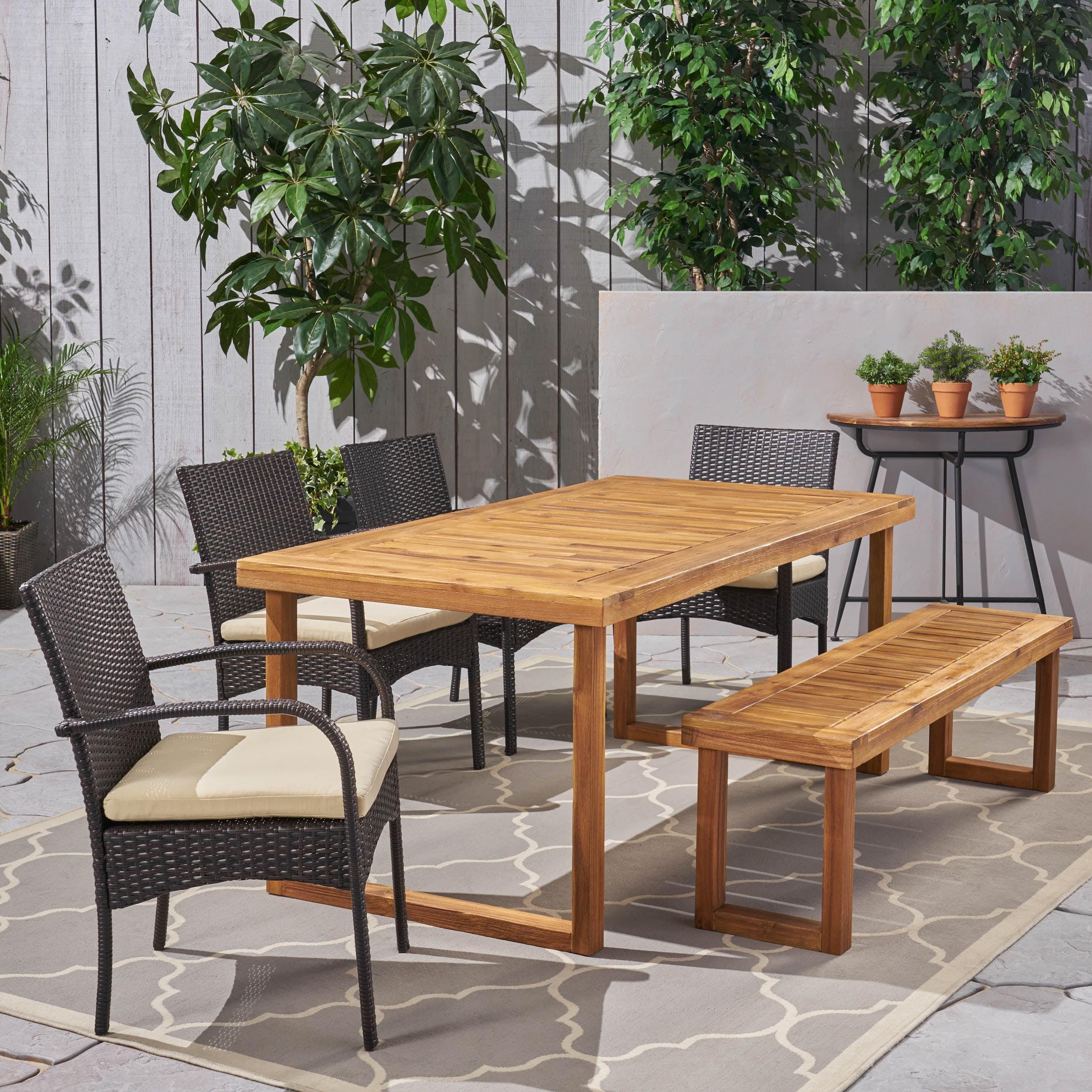 Sandblast Natural 6-Piece Acacia Wood Dining Set with Cream Cushions