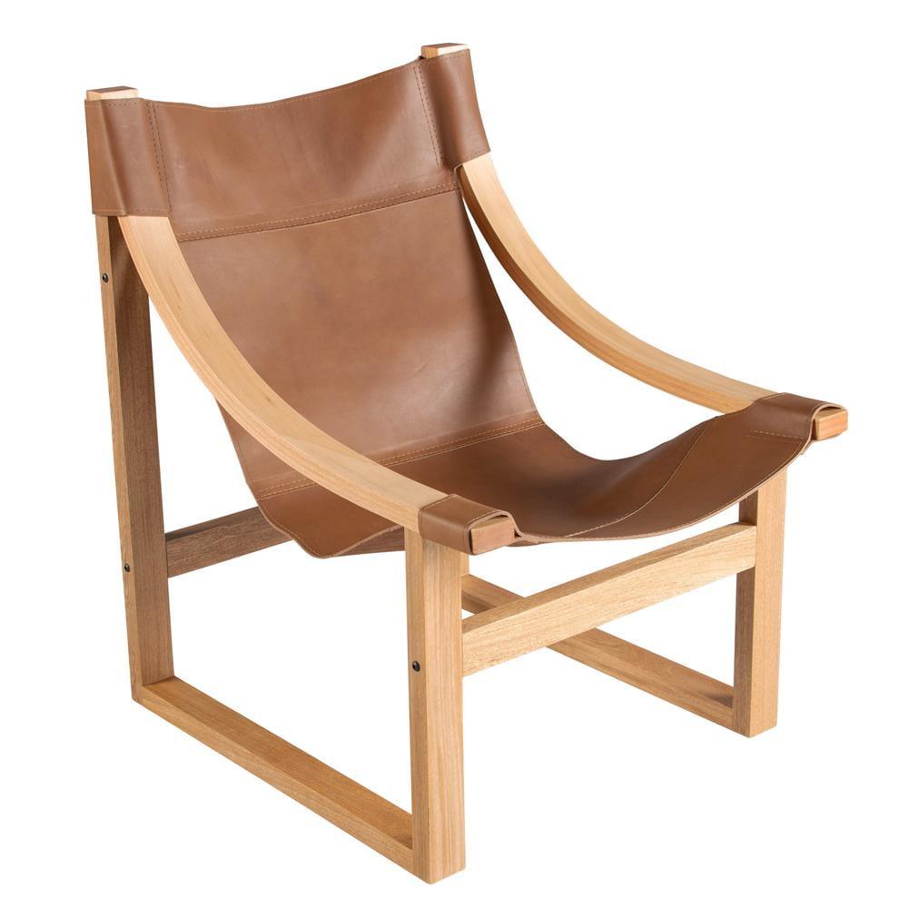 Coastal Natural Brown Leather Wood Sling Accent Chair
