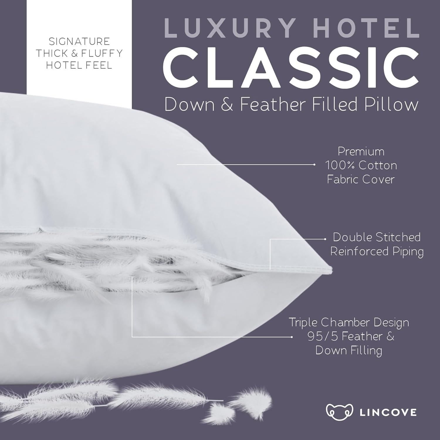 Lincove Standard White Cotton Down Feather Pillows, Set of 2