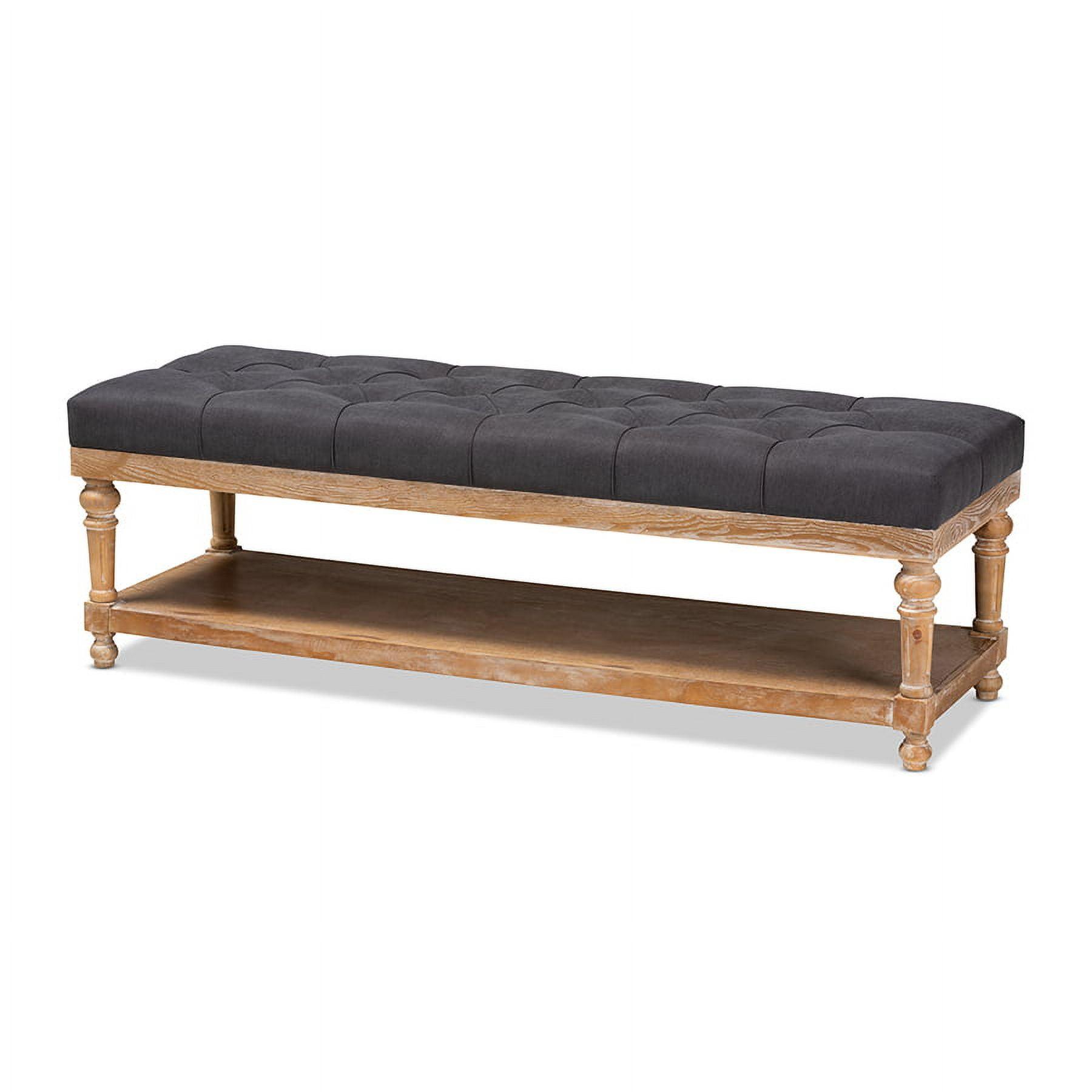 Charcoal Linen and Greywashed Wood Storage Bench with Tufted Detail