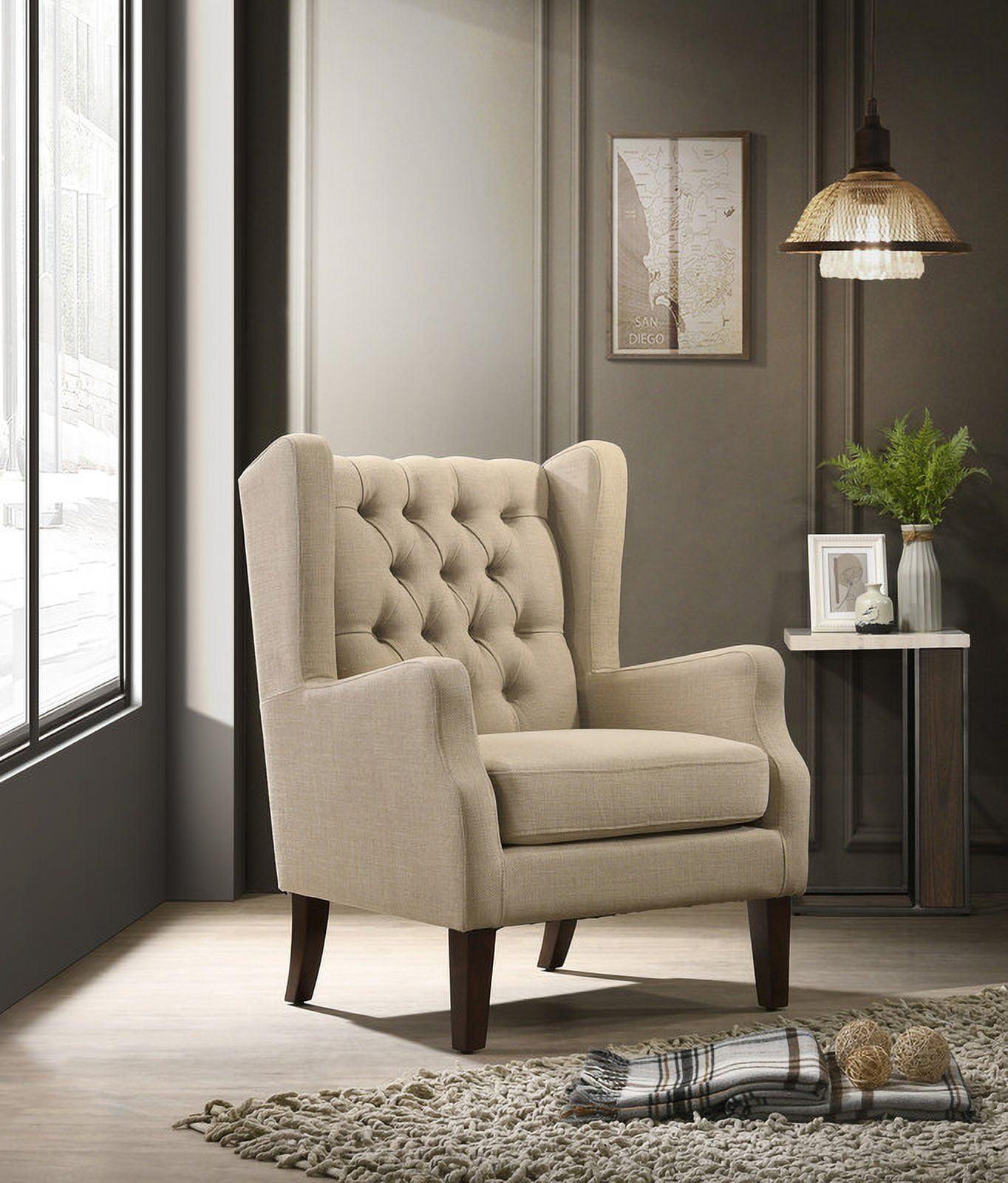 Beige Linen Wingback Accent Chair with Solid Wood Legs