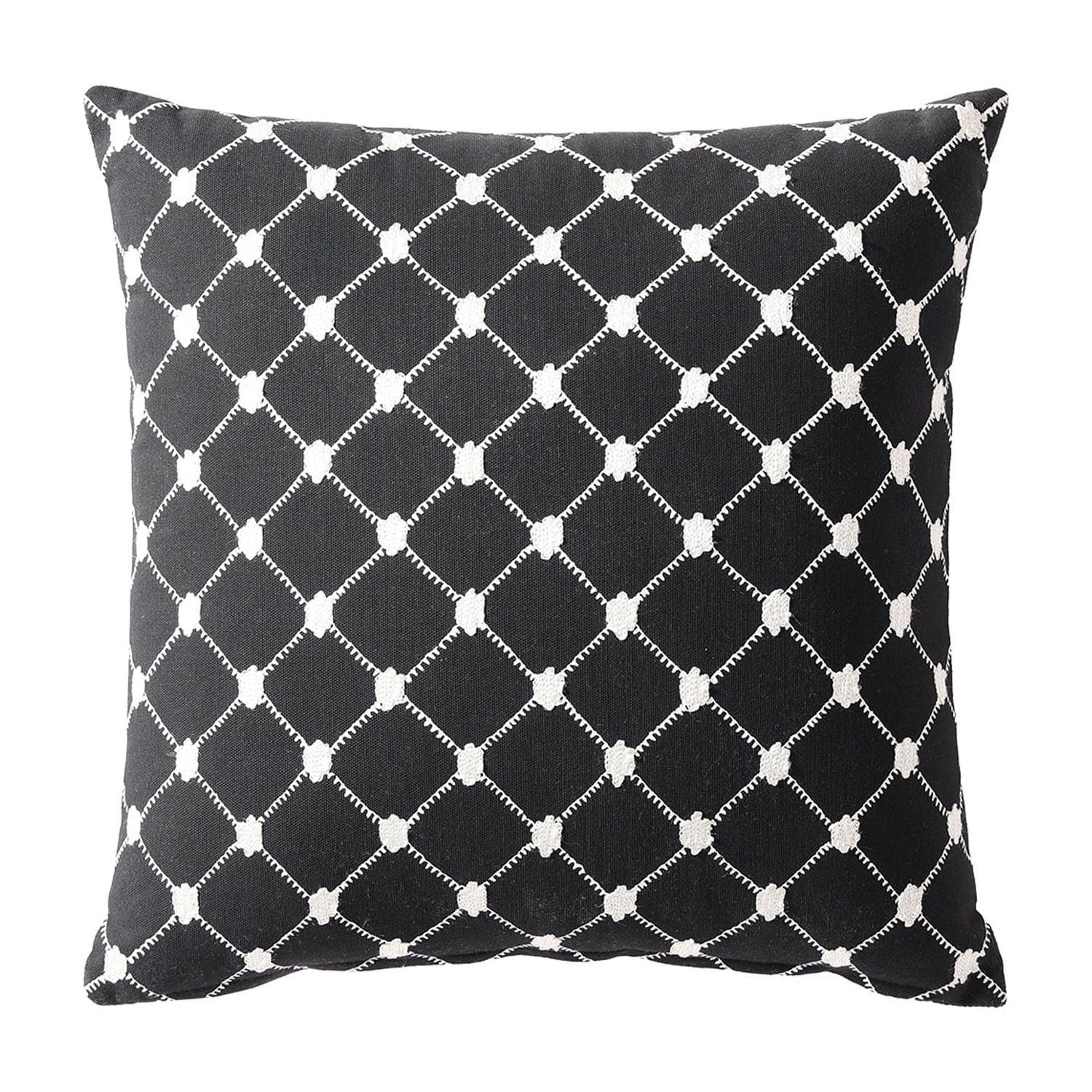 Black and White Embroidered Cotton Square Throw Pillow