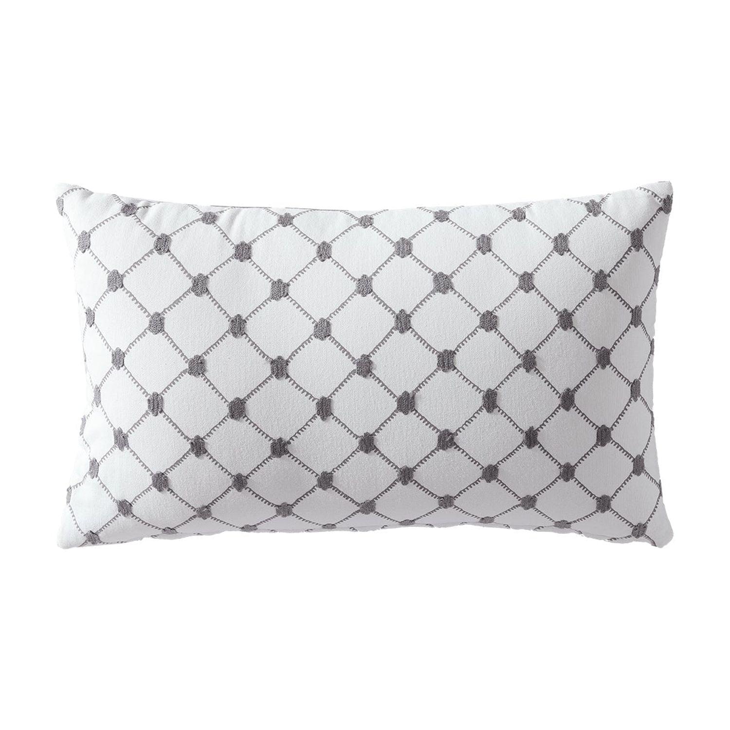 White and Gray Embroidered Cotton Throw Pillow 12x20