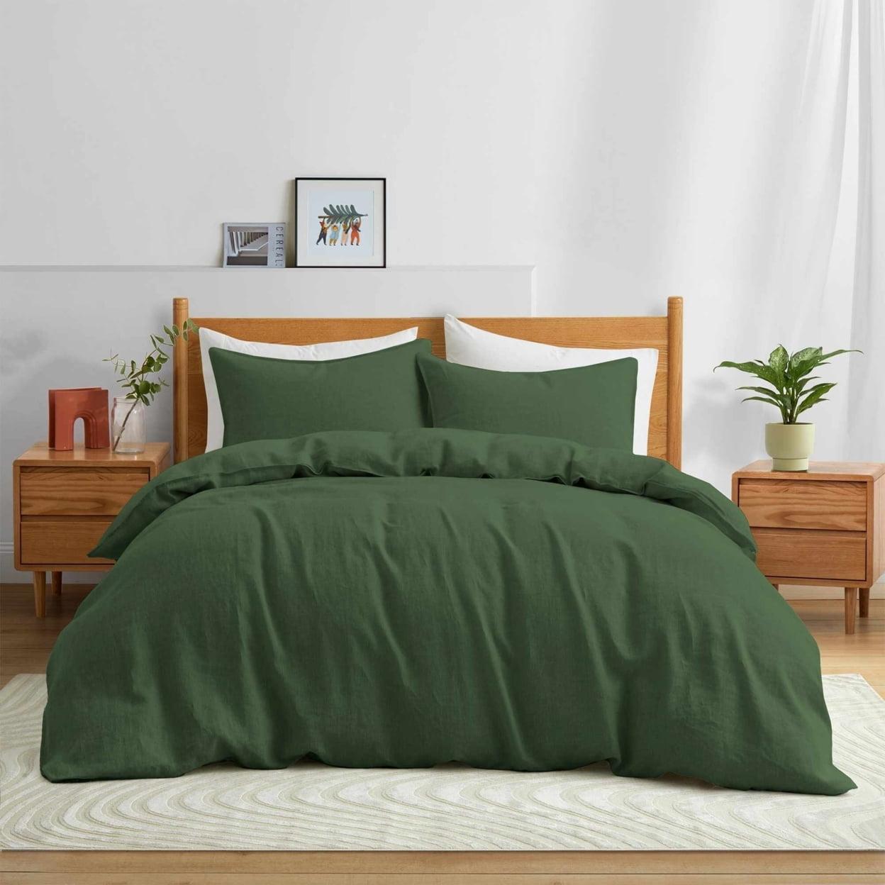 Peace Nest Luxurious Premium Flax Linen Duvet Cover and Pillow Sham Set Moisture-Wicking and Breathable, Green, Twin, 68"x90"