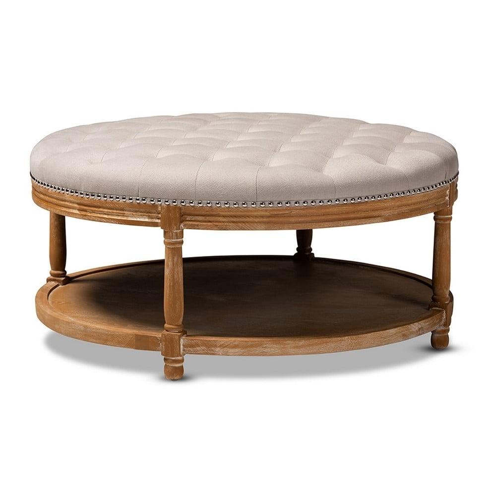 Beige Linen and White-Washed Oak 40" Tufted Cocktail Ottoman