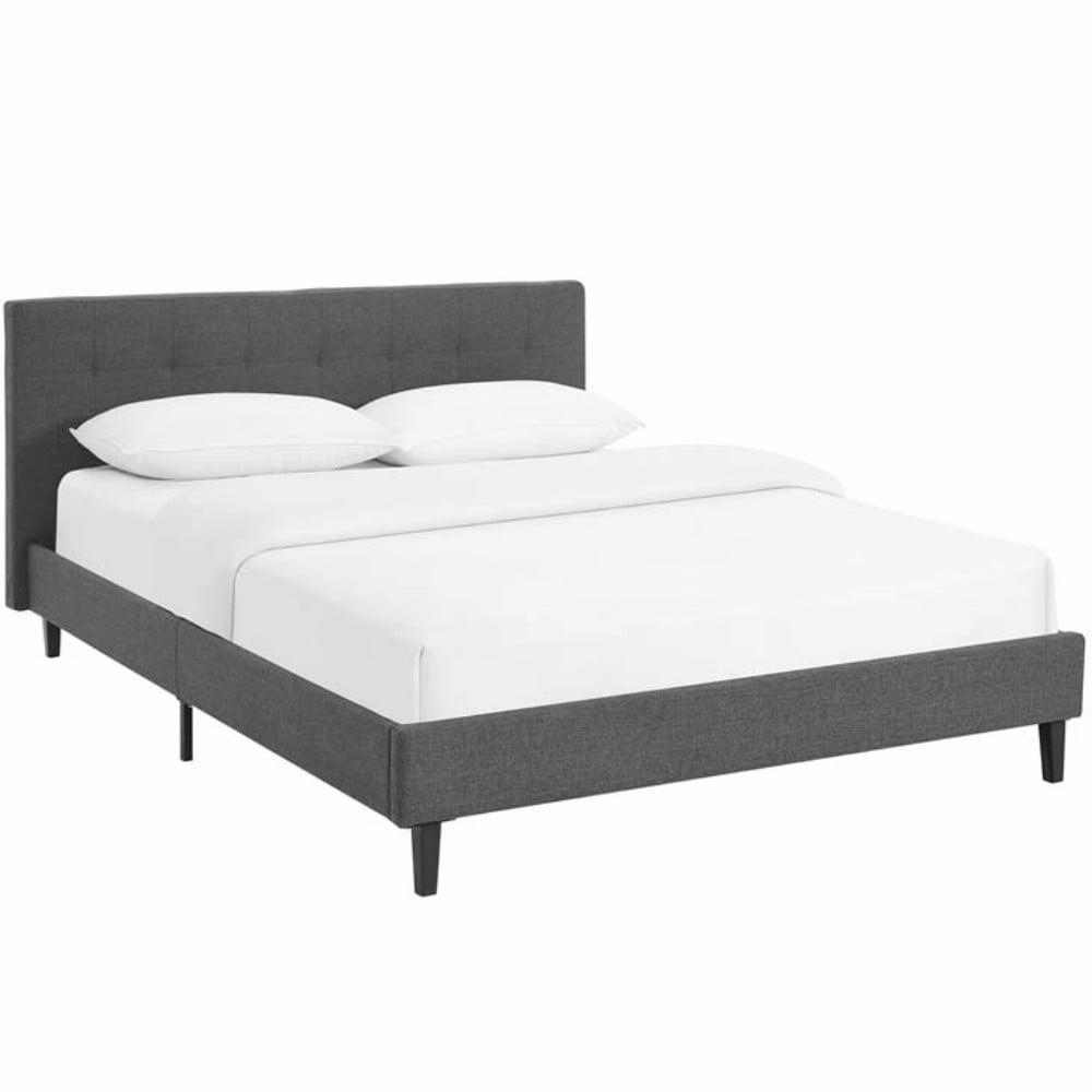 Elegant Gray Queen Upholstered Platform Bed with Tufted Headboard