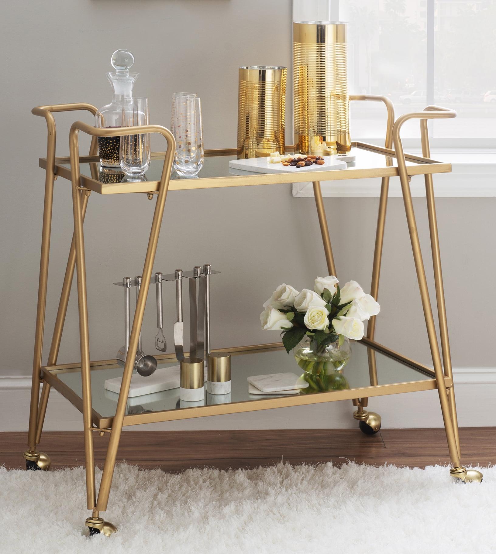 Mid-Century Glam Mirrored Gold Bar Cart with Spacious Storage