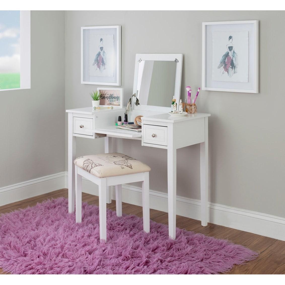 White Rubberwood Vanity Table with Mirror and Upholstered Stool