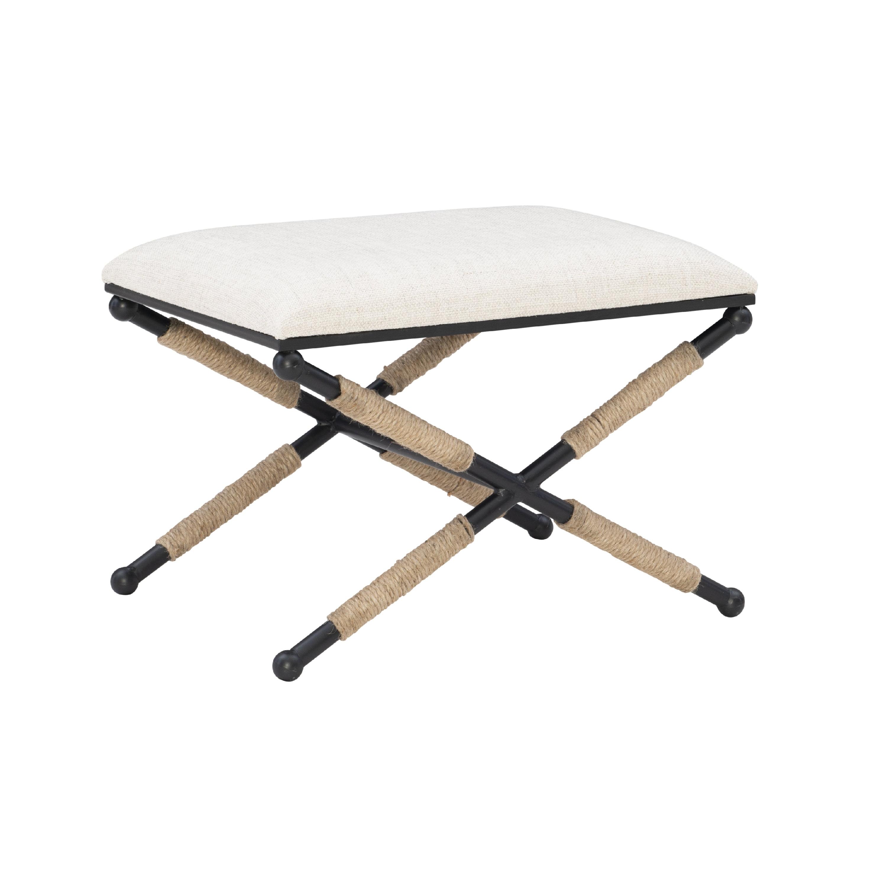 24" Ashburn Boho Rope Wrapped Campaign Accent Stool Ottoman Buff Beige Linen - Linon: Vanity, Bedroom Bench