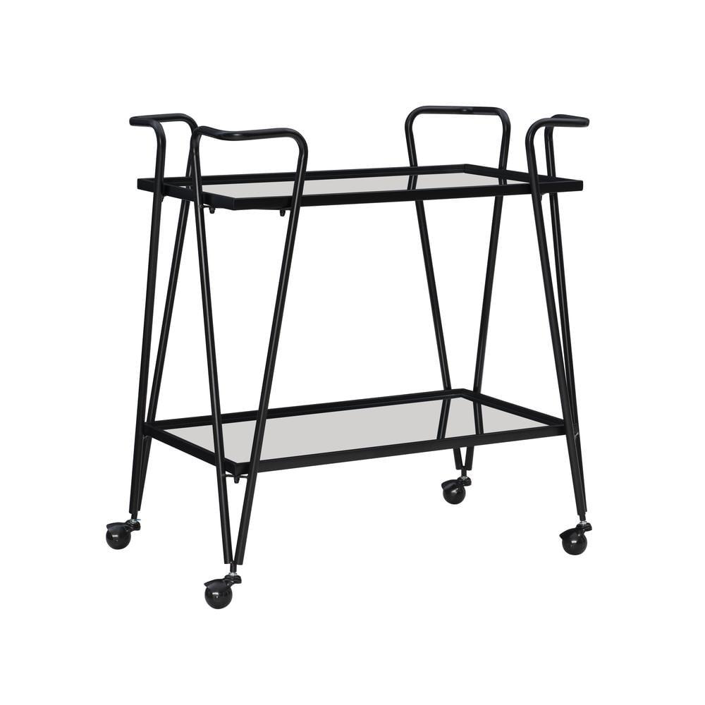Linon Lawsonia 2-Tier Mid-Century Mobile Bar Cart with Mirrored Top, 32.5" Tall, 27 lb, Black