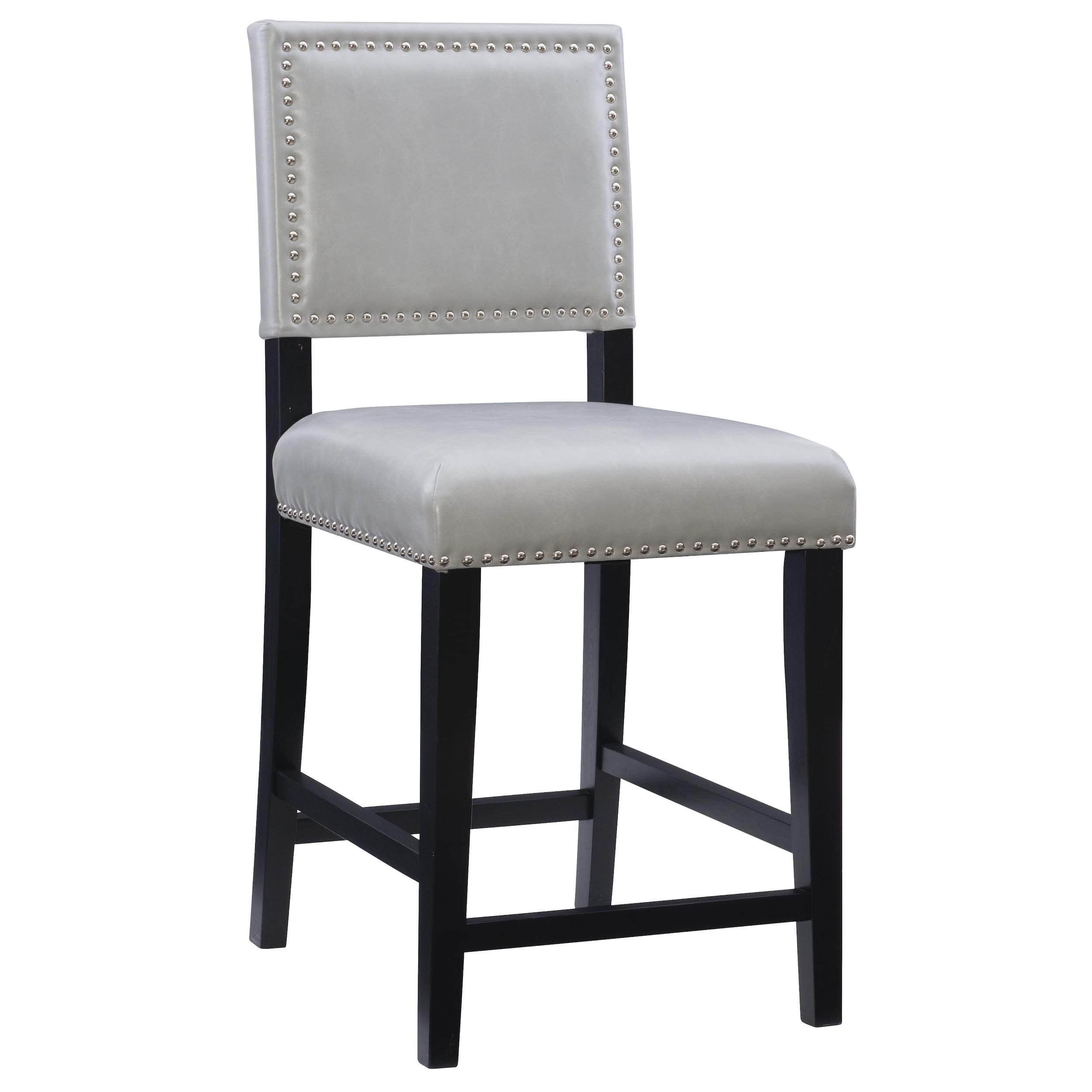 24" Brook Padded Back Faux Leather Nailhead Counter Height Barstool Gray - Linon: Solid Hardwood Frame, Footrails