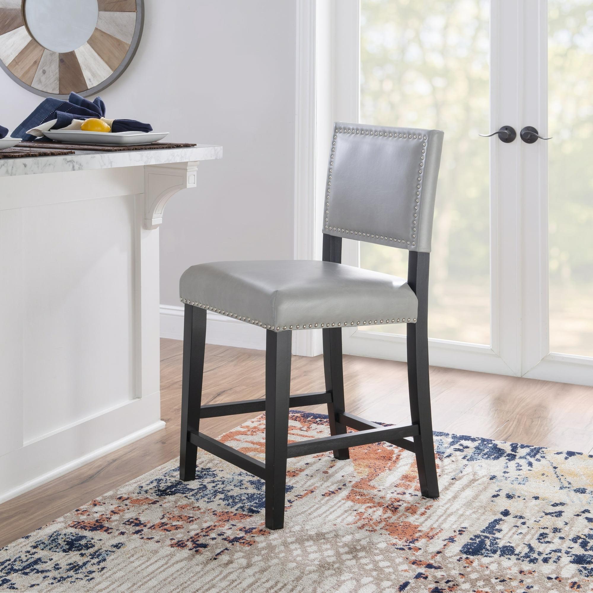 24" Brook Padded Back Faux Leather Nailhead Counter Height Barstool Gray - Linon: Solid Hardwood Frame, Footrails