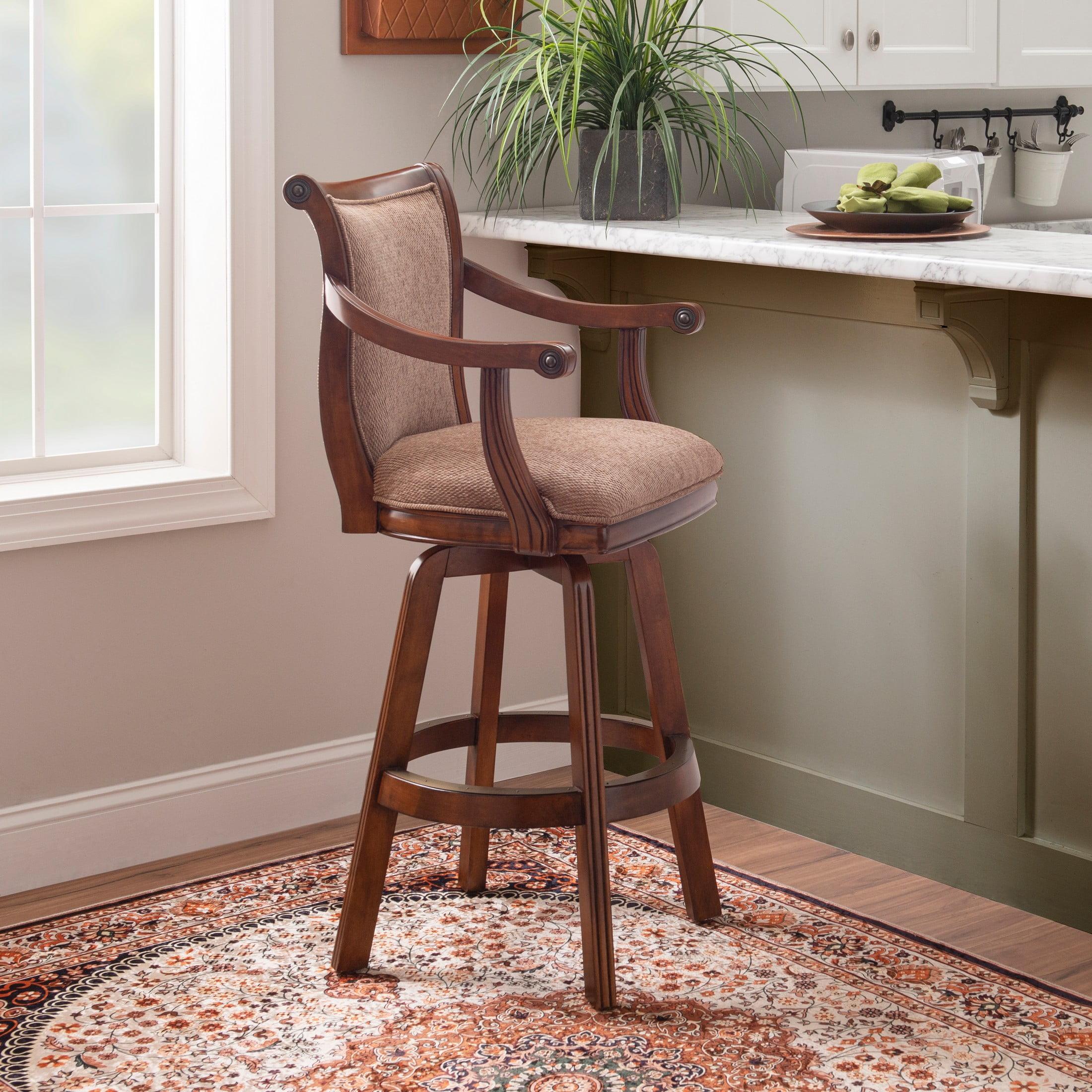Linon Brandon Upholstered 30" Wood Swivel Bar Stool with Arms in Warm Cherry