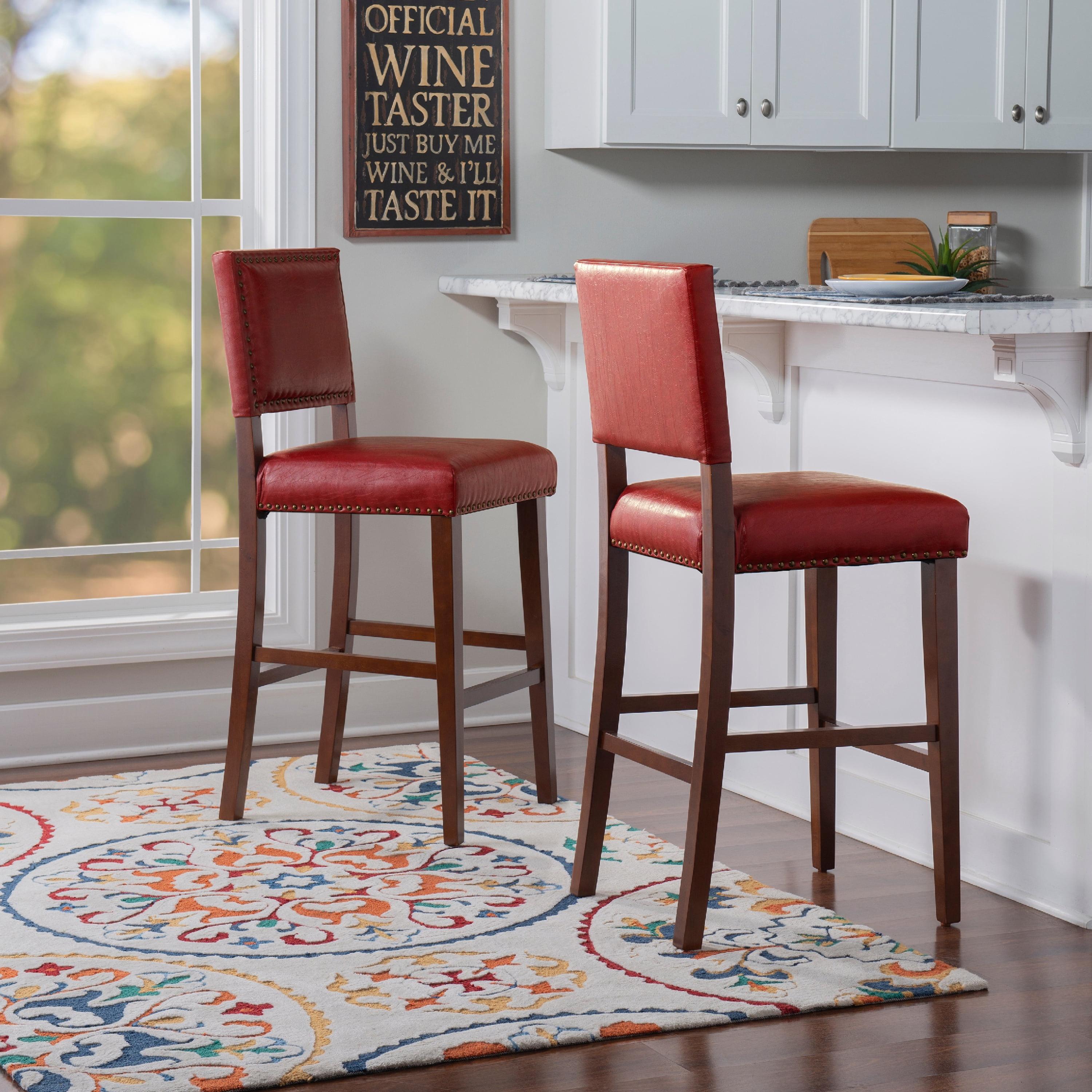 Walnut Finish Red Leather 30" Brook Barstool with Nailhead Trim