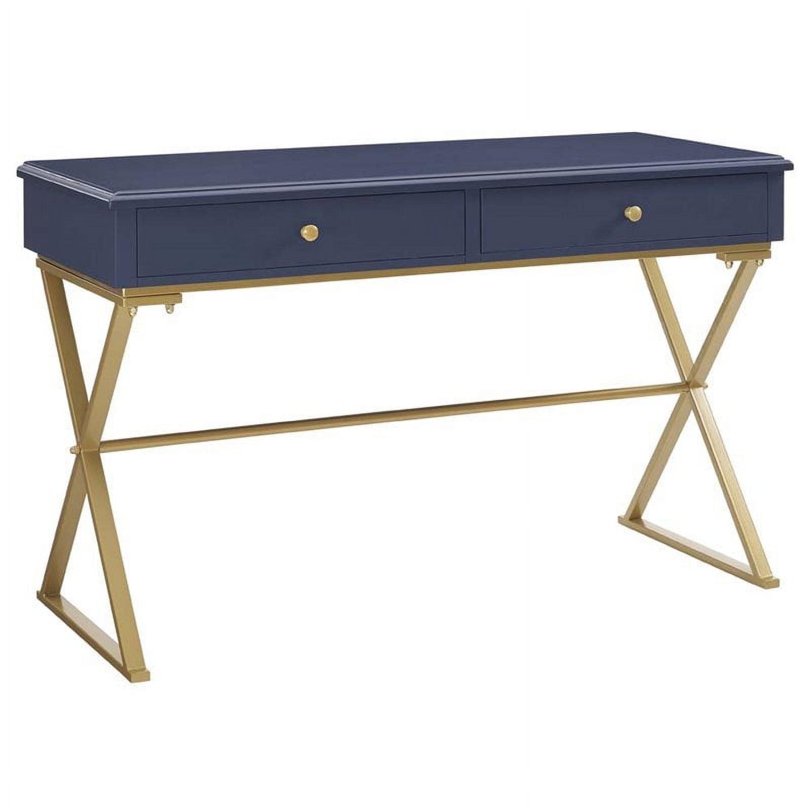 Campaign 2 Drawer Desk Blue/Gold - Linon: Matte Gold Legs, MDF, Metal Hardware