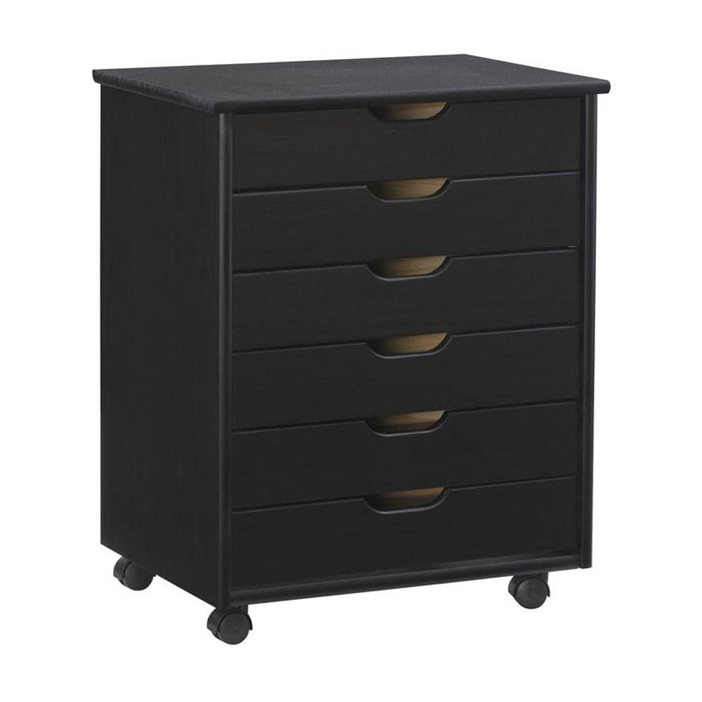 Cary Transitional 6 Drawer Solid Wood Contoured Handle Cut Out Wide Roll Cart Black - Linon: Pine Frame, Farmhouse Style, Portable Storage