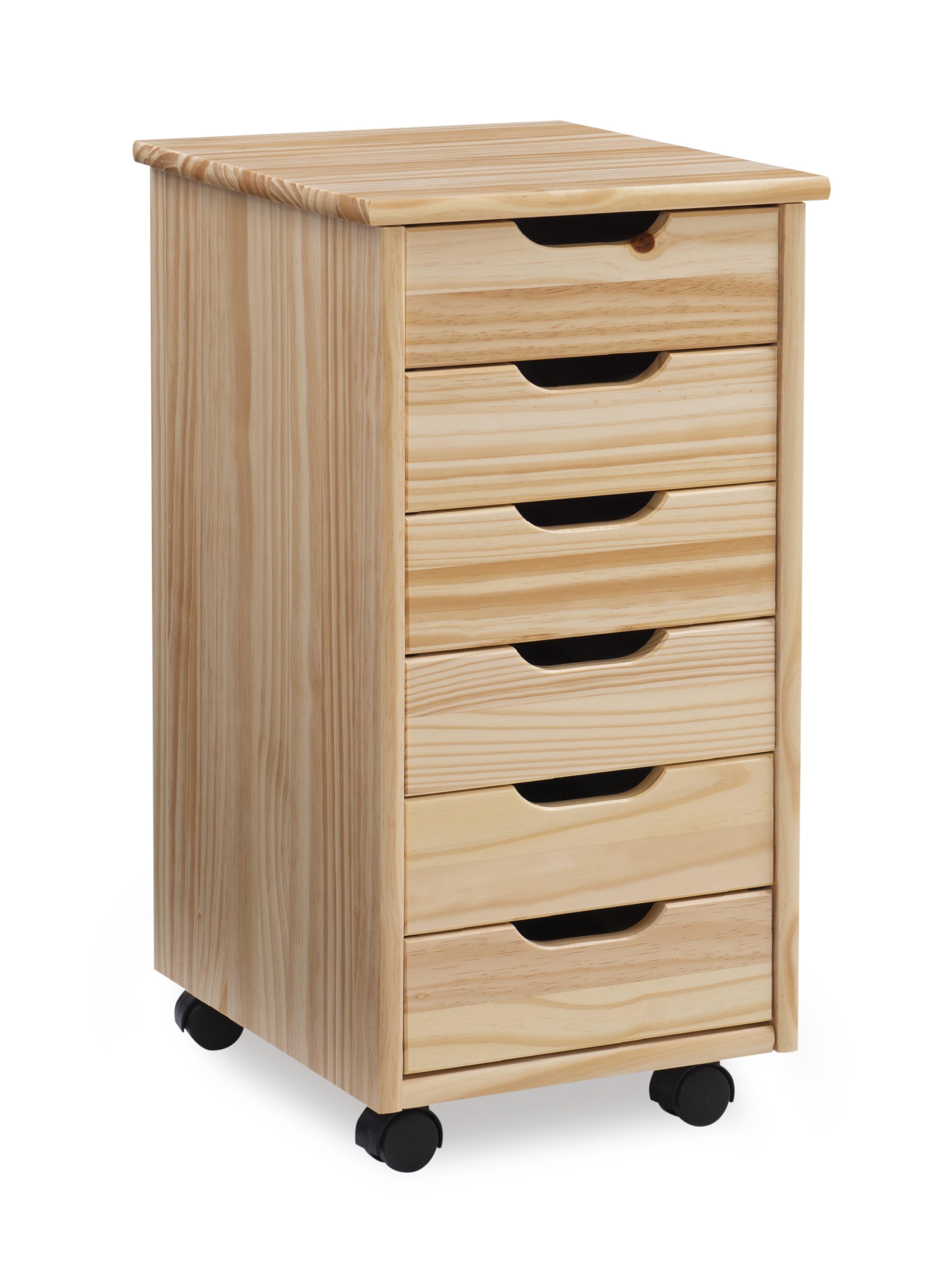 Natural Wood 6-Drawer Rolling Storage Cart