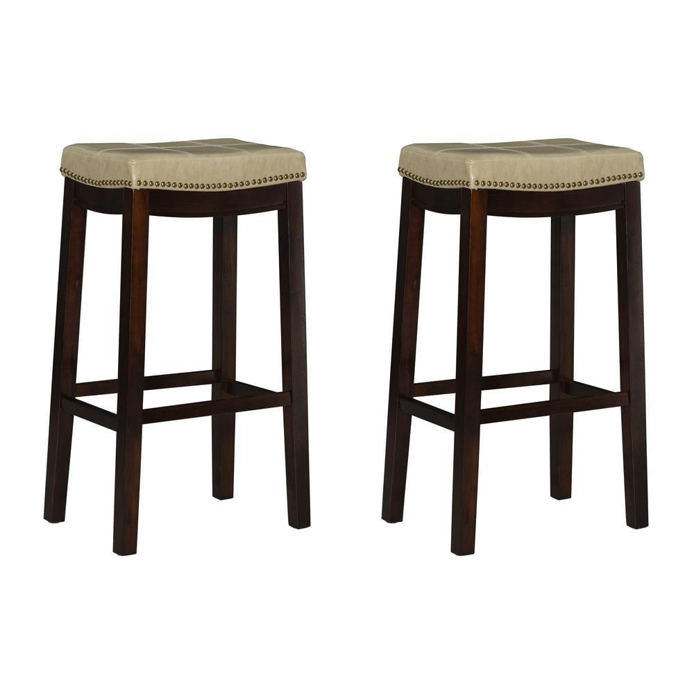 Set of 2 Claridge Faux Leather Nailhead Backless Saddle Barstools Beige - Linon: Upholstered, Rubberwood Legs, Footrest