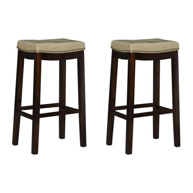 Set of 2 Claridge Faux Leather Nailhead Backless Saddle Barstools Beige - Linon: Upholstered, Rubberwood Legs, Footrest