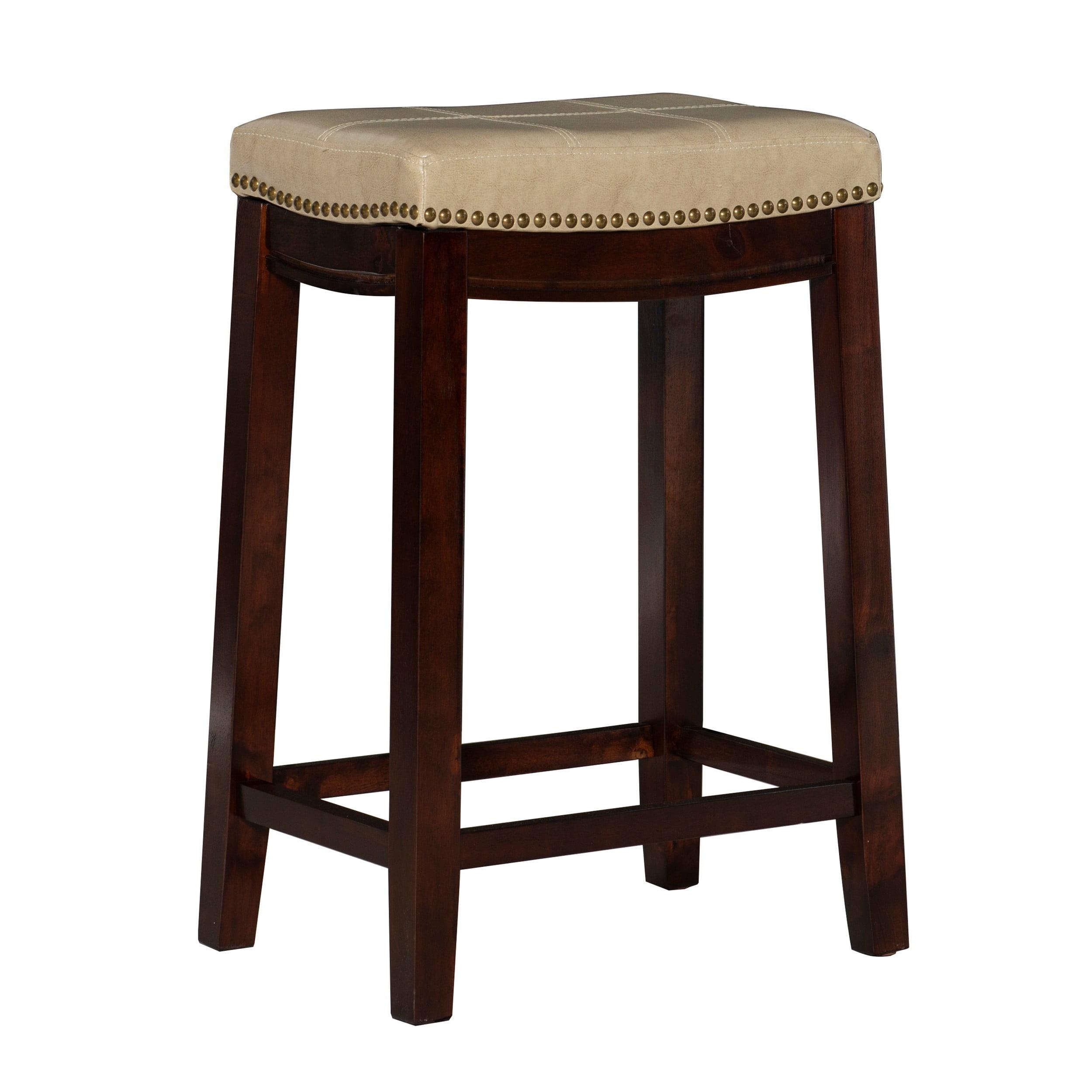 Beige Faux Leather Saddle Counter Stool with Wood Frame