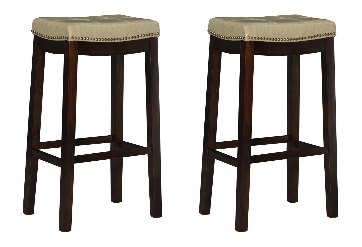 Beige Leather and Metal Backless Swivel Barstools, 32" Set of 2