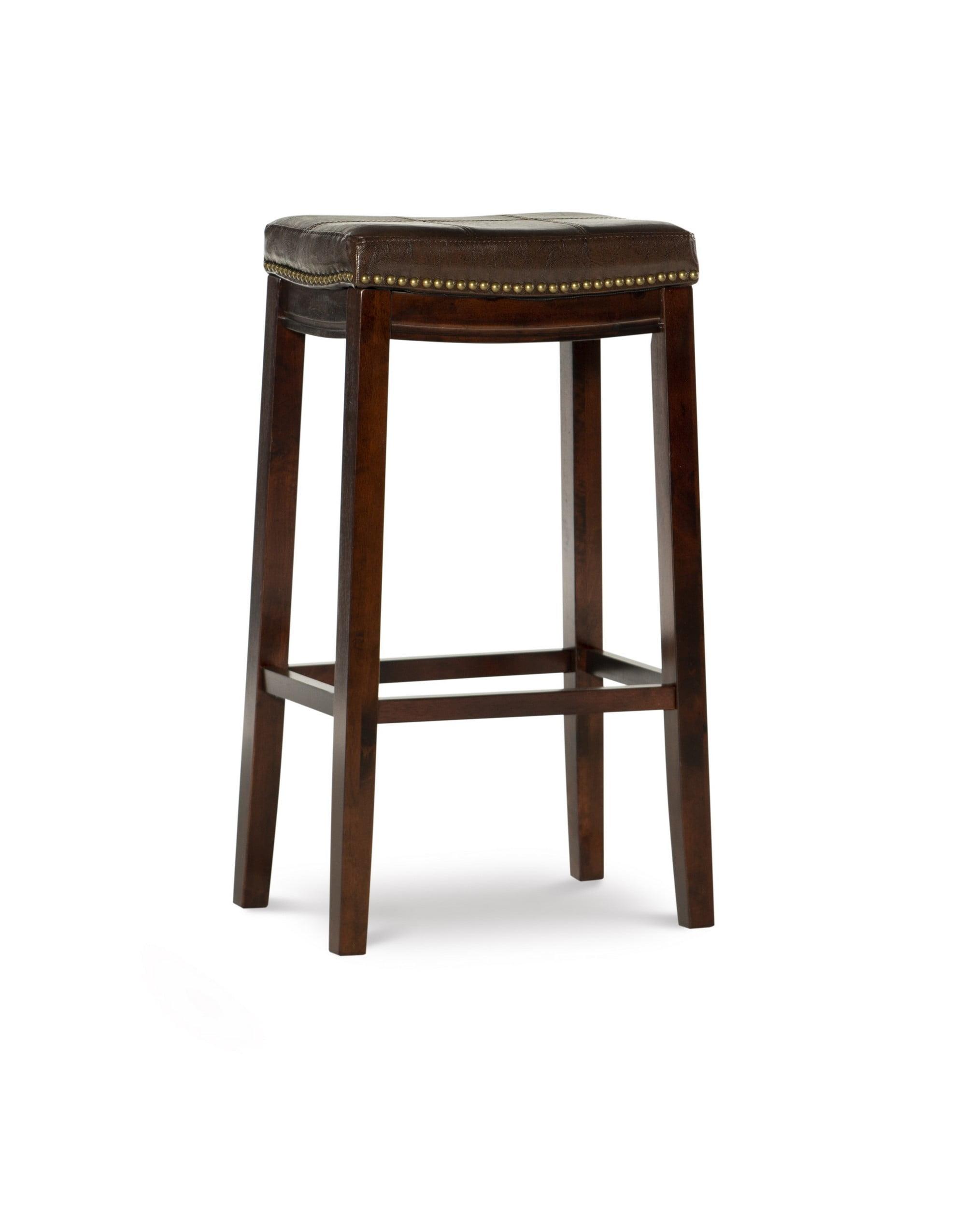 Linon Claridge Backless Wood Bar Stool, 32" Seat Height, Dark Brown Finish with Brown Faux Leather Fabric