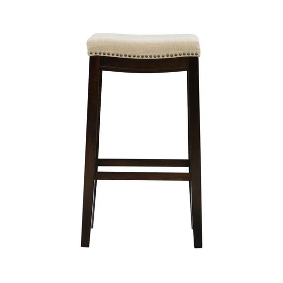 Linon Claridge Backless Nailhead Saddle Barstool Linen: Upholstered, Rubberwood Legs, Fixed Height 32.25"