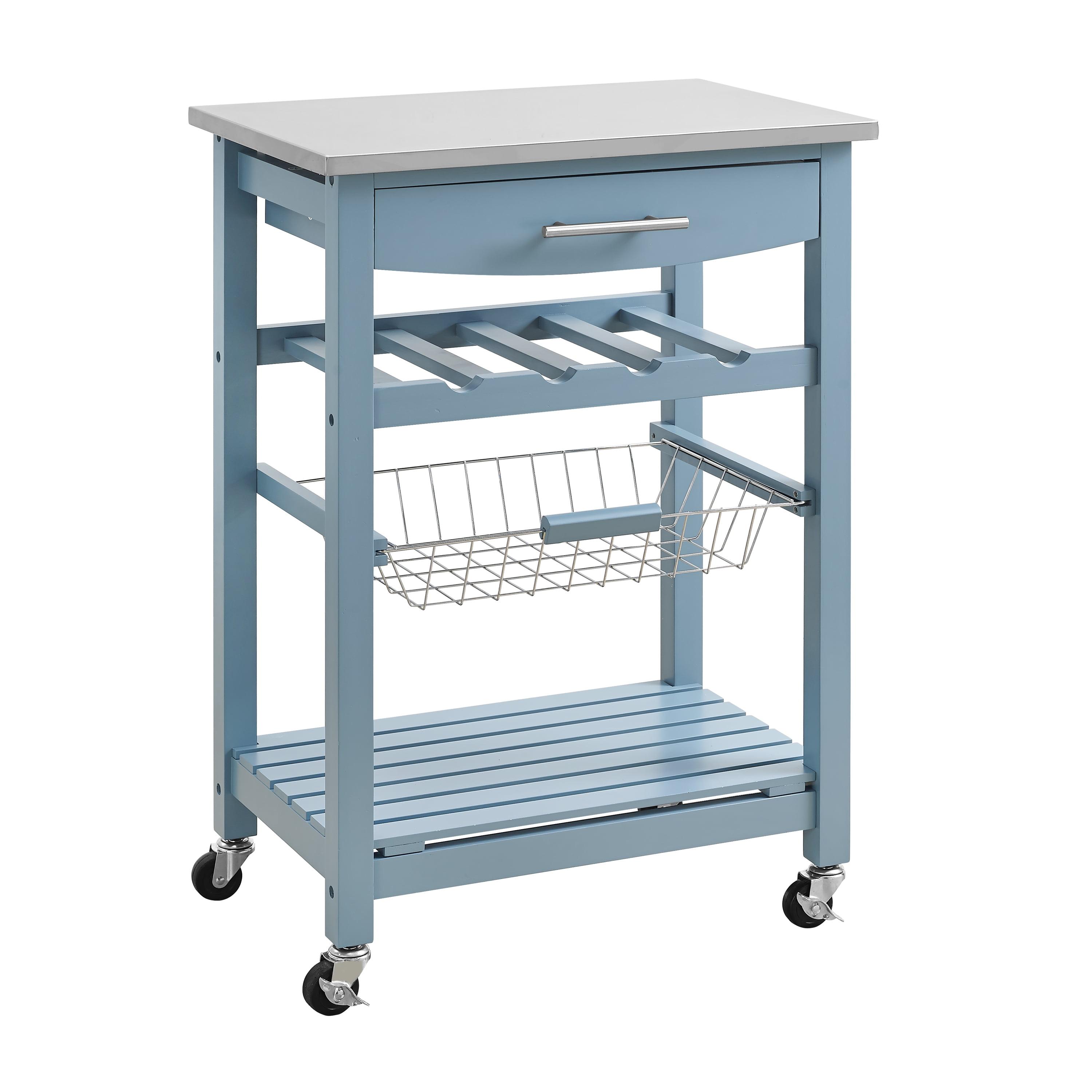 Clarke Stainless Steel Kitchen Cart with Wine Rack in Blue