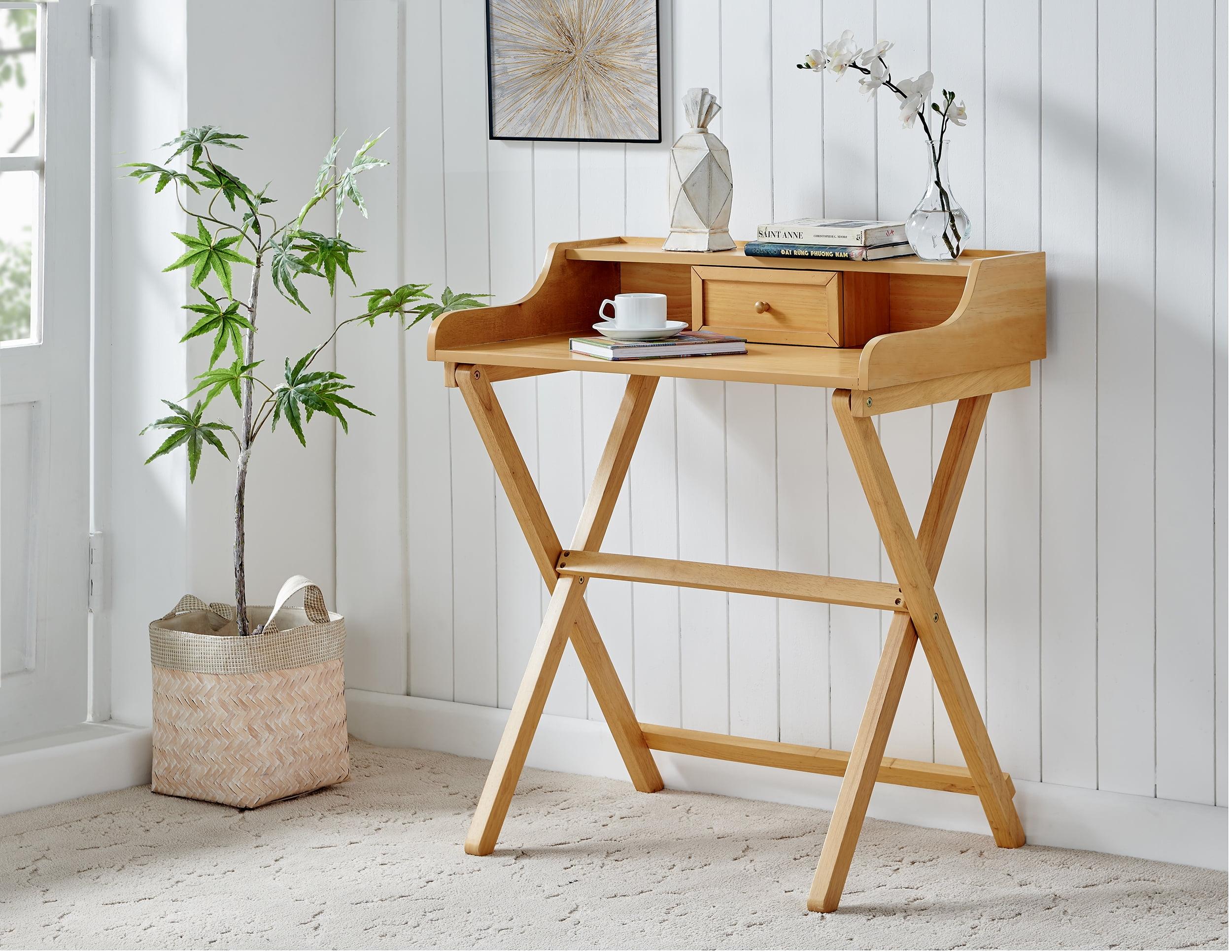 Sleek Natural Finish Foldable Writing Desk with Storage Drawer