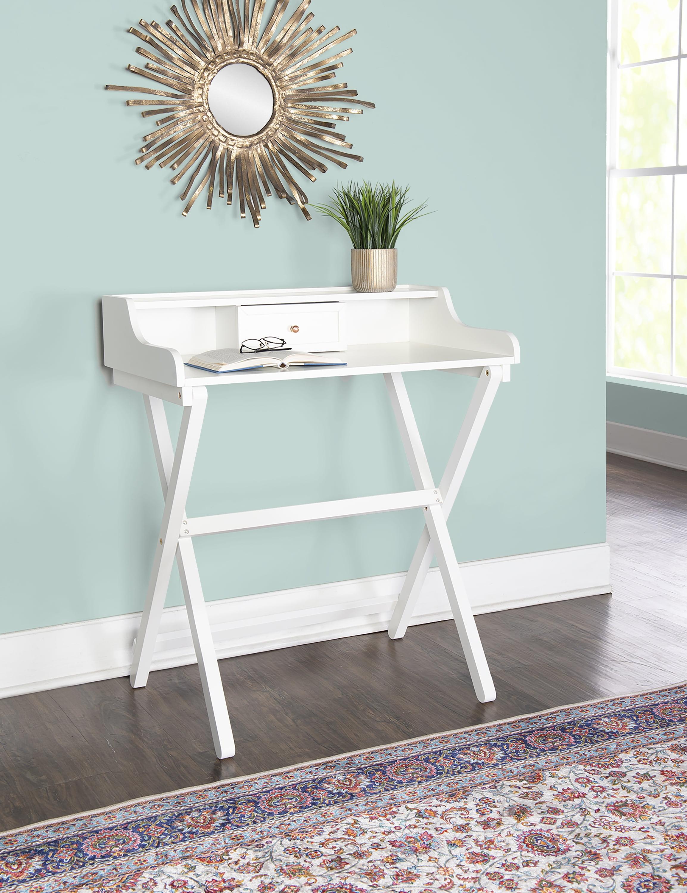 Coy Transitional Folding Small Space Secretary Desk White - Linon: Rubberwood Frame, Nickel Hardware, MDF Surface