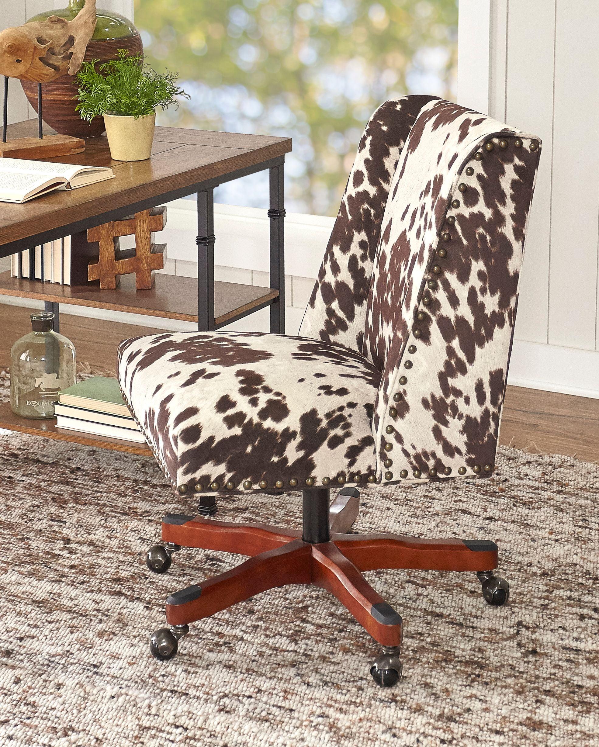 Ergonomic Swivel Office Chair in Brown/White Cow Print with Walnut Base