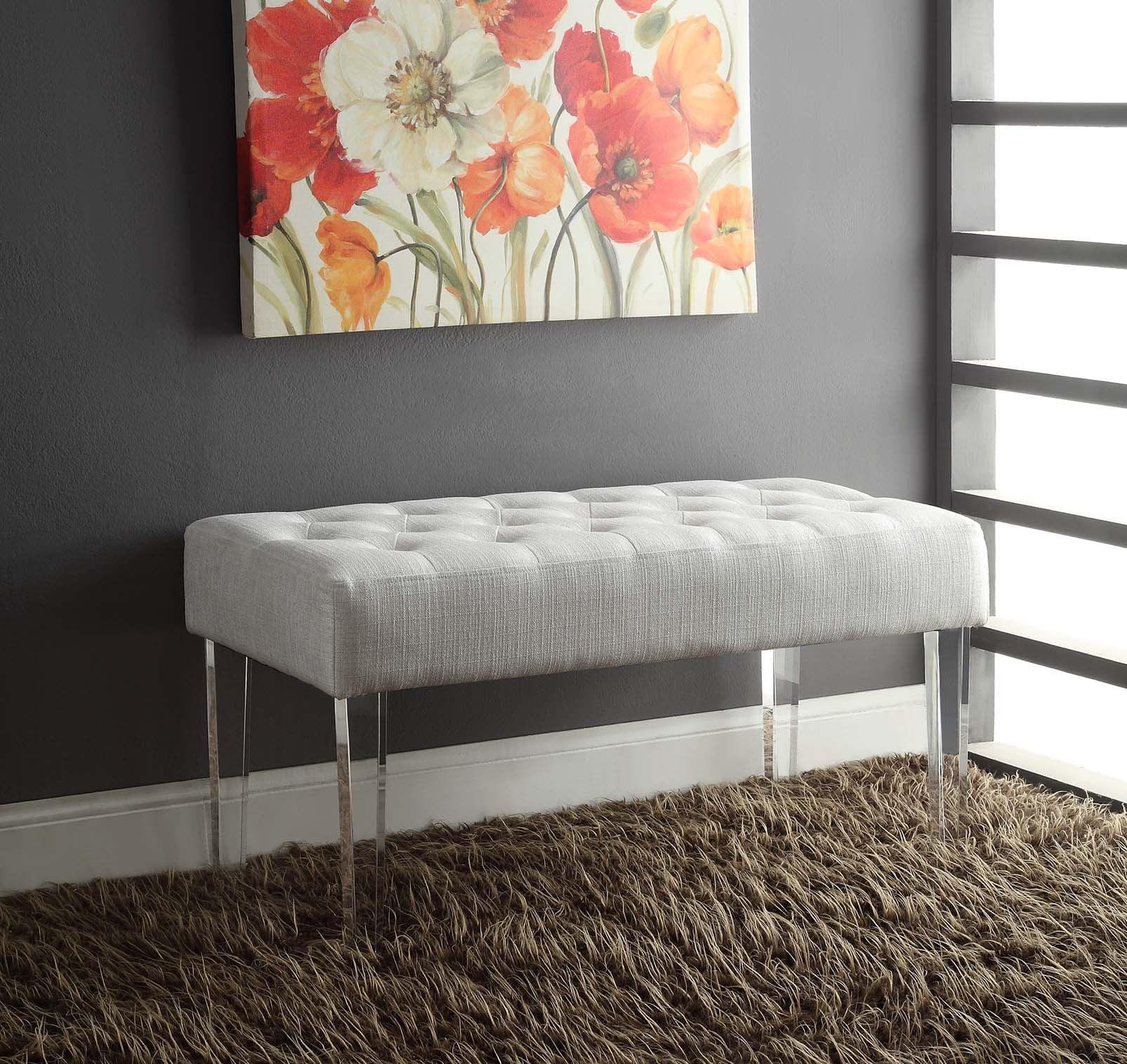 Ella White Tufted Linen Bench with Acrylic Legs