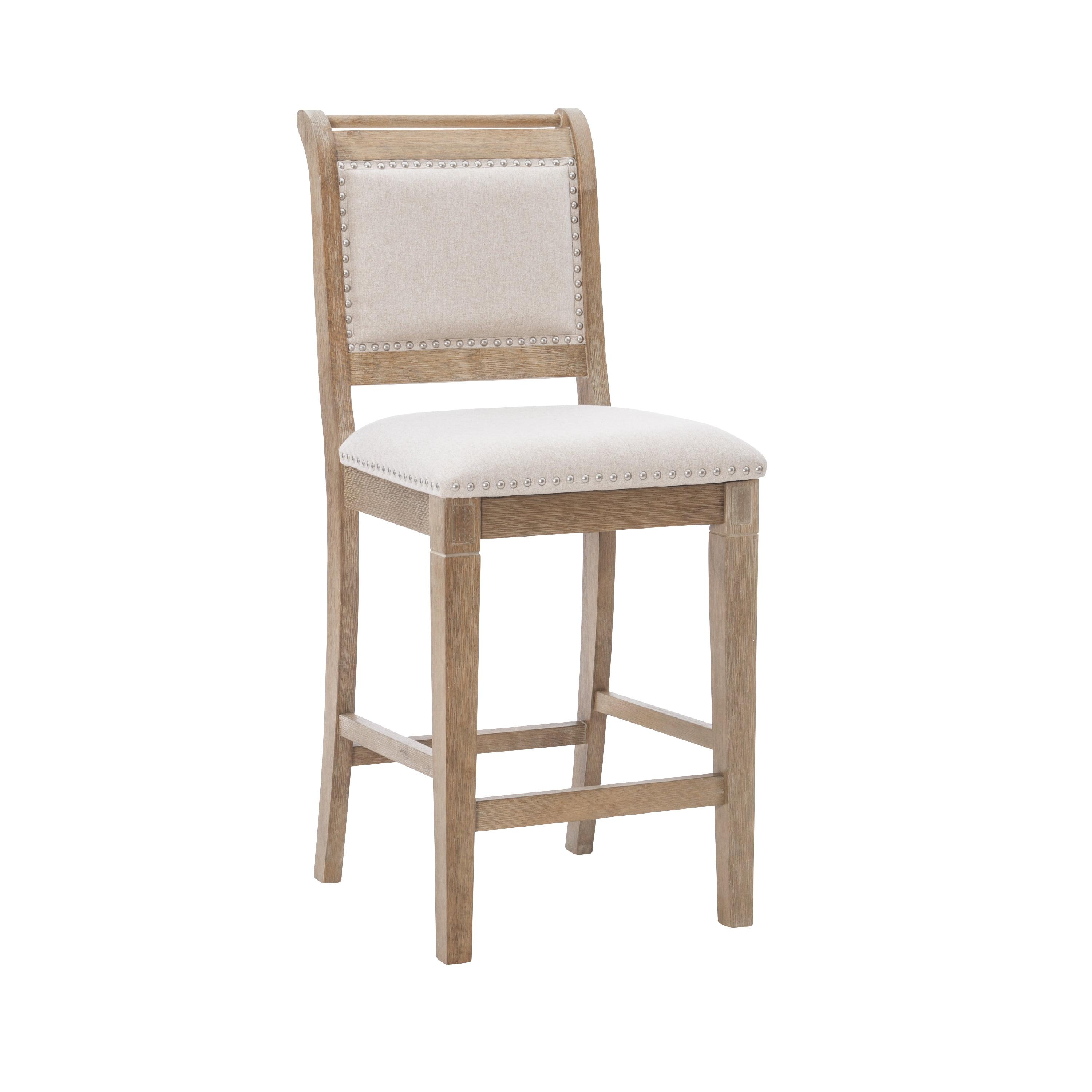 Natural Wood Counter Stool with Stripe Upholstery