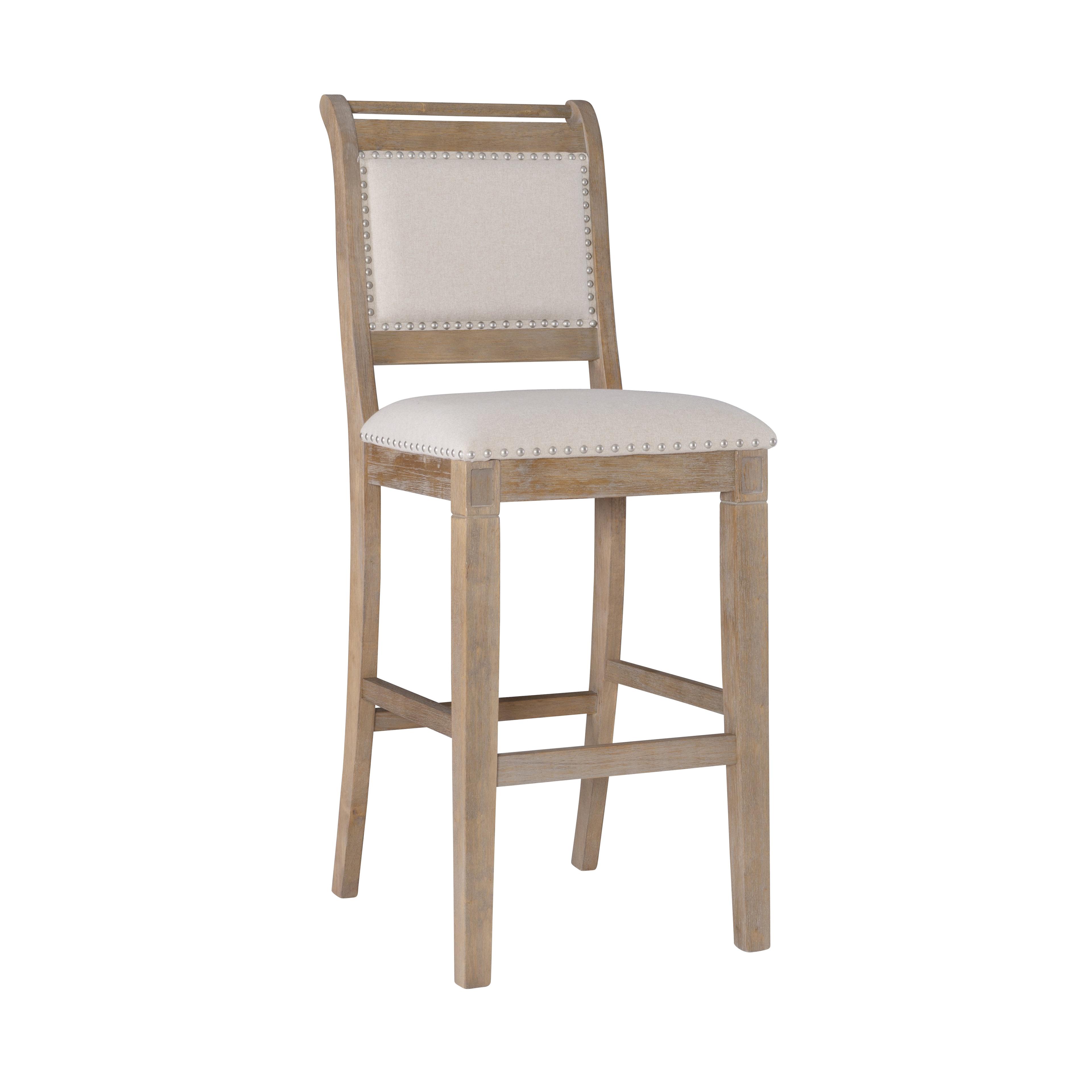 Emmy Padded Back Nailhead Barstool Natural - Linon: 30" Height, Rustic Wash, Upholstered, Footrest