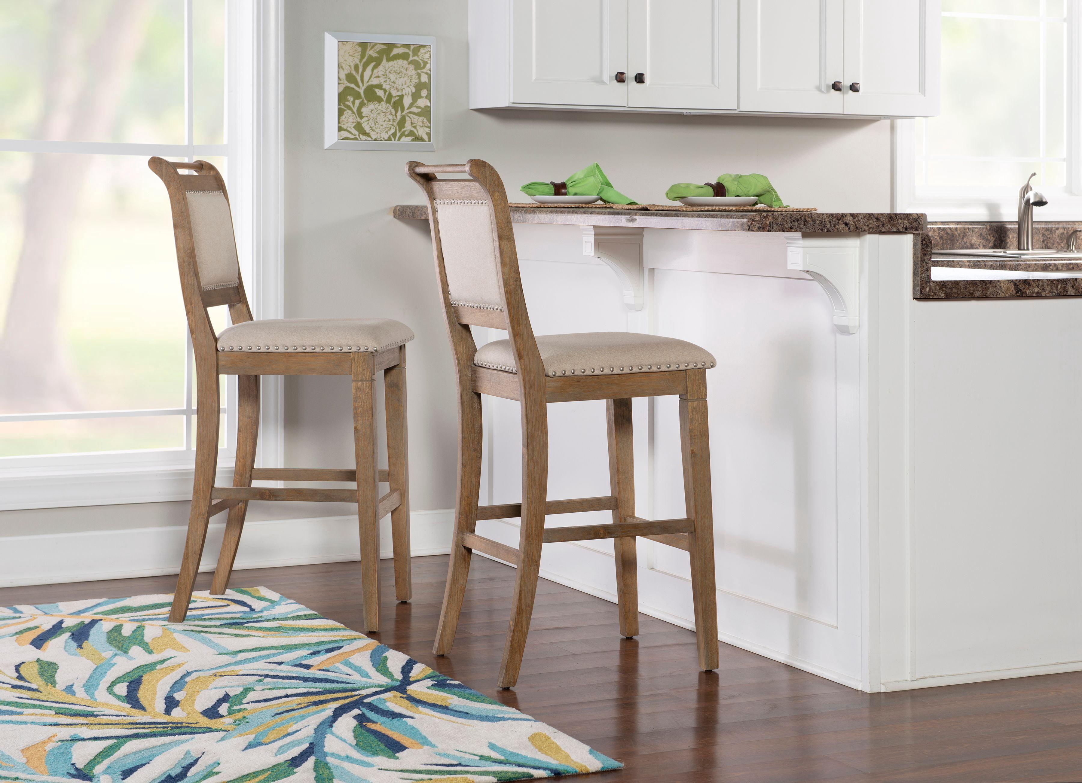 Emmy Padded Back Nailhead Barstool Natural - Linon: 30" Height, Rustic Wash, Upholstered, Footrest