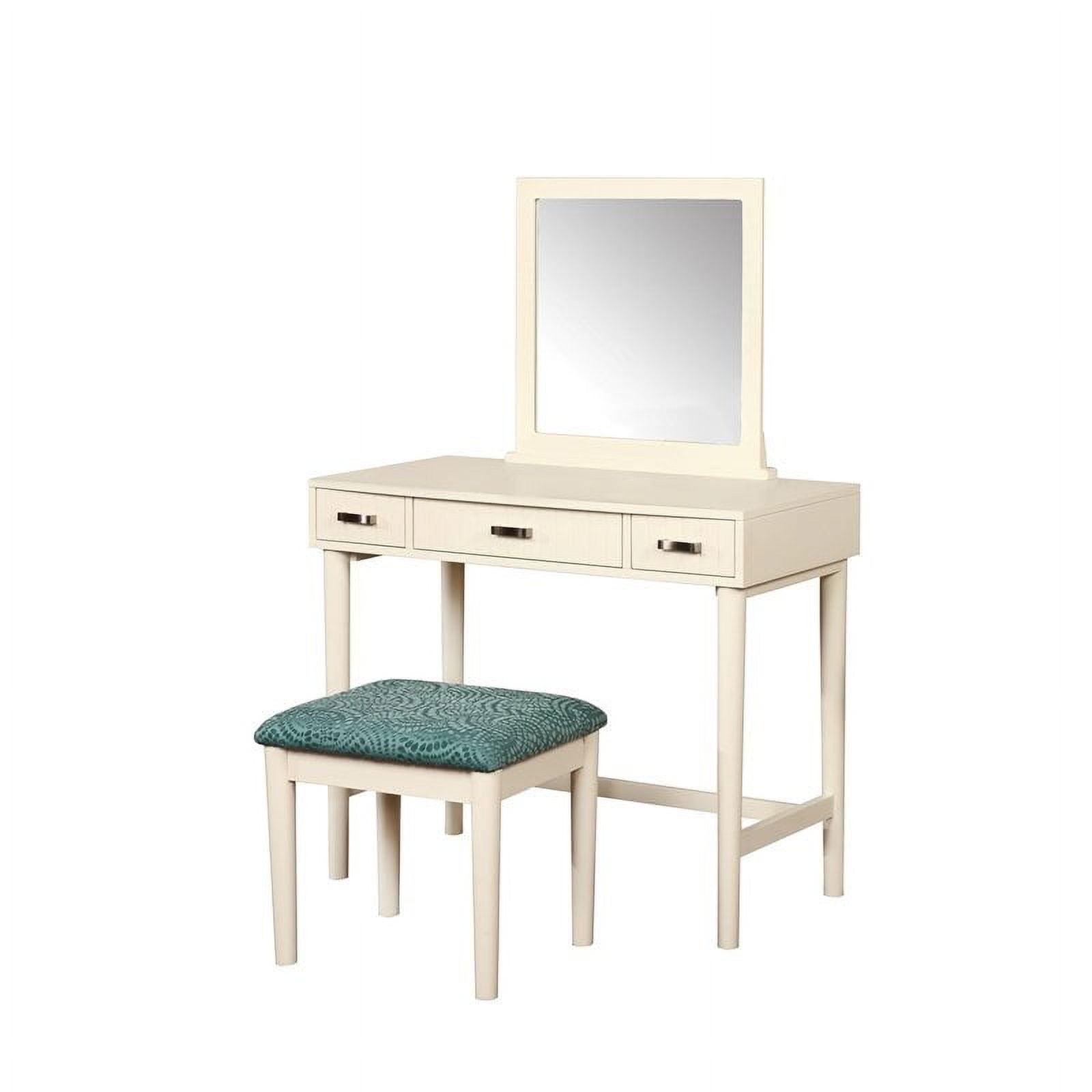 Cream Wood Vanity Set with Green Upholstered Stool and Mirror