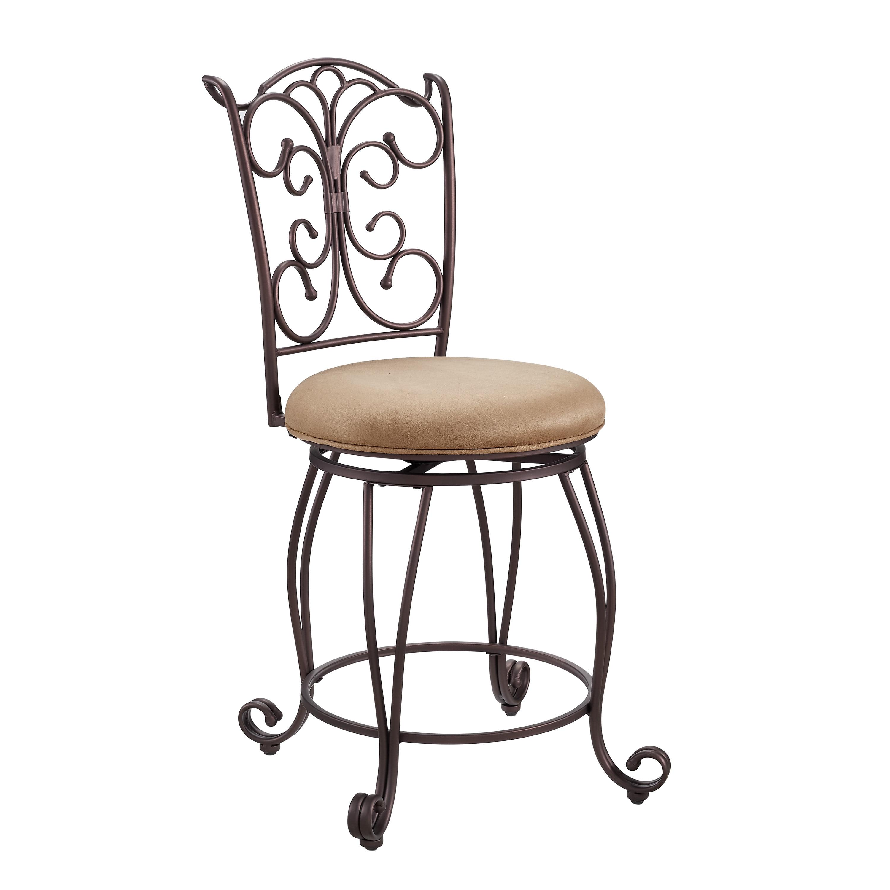 Linon Gathered Back Counter Stool, Brown, 24 inch Seat Height, Light Brown with Caramel Fabric