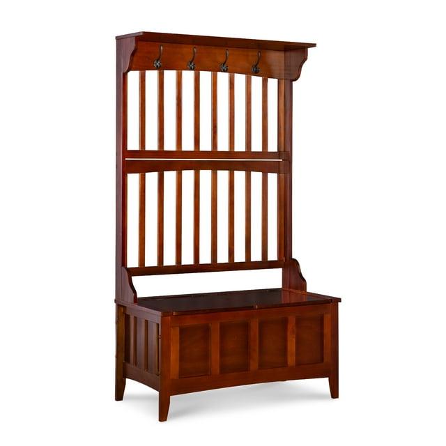 Misson Traditional 4 Double Hooks Storage Bench Top Shelf Hall Tree Walnut Finish - Linon: Entryway Organizer, Flip-up Seat