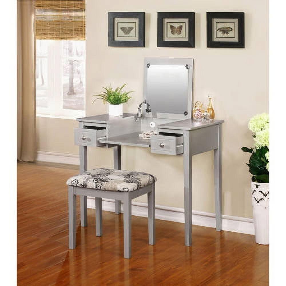 Traditional Wood Flip Up Mirror Drop Drawer Butterfly Vanity and Stool Silver - Linon