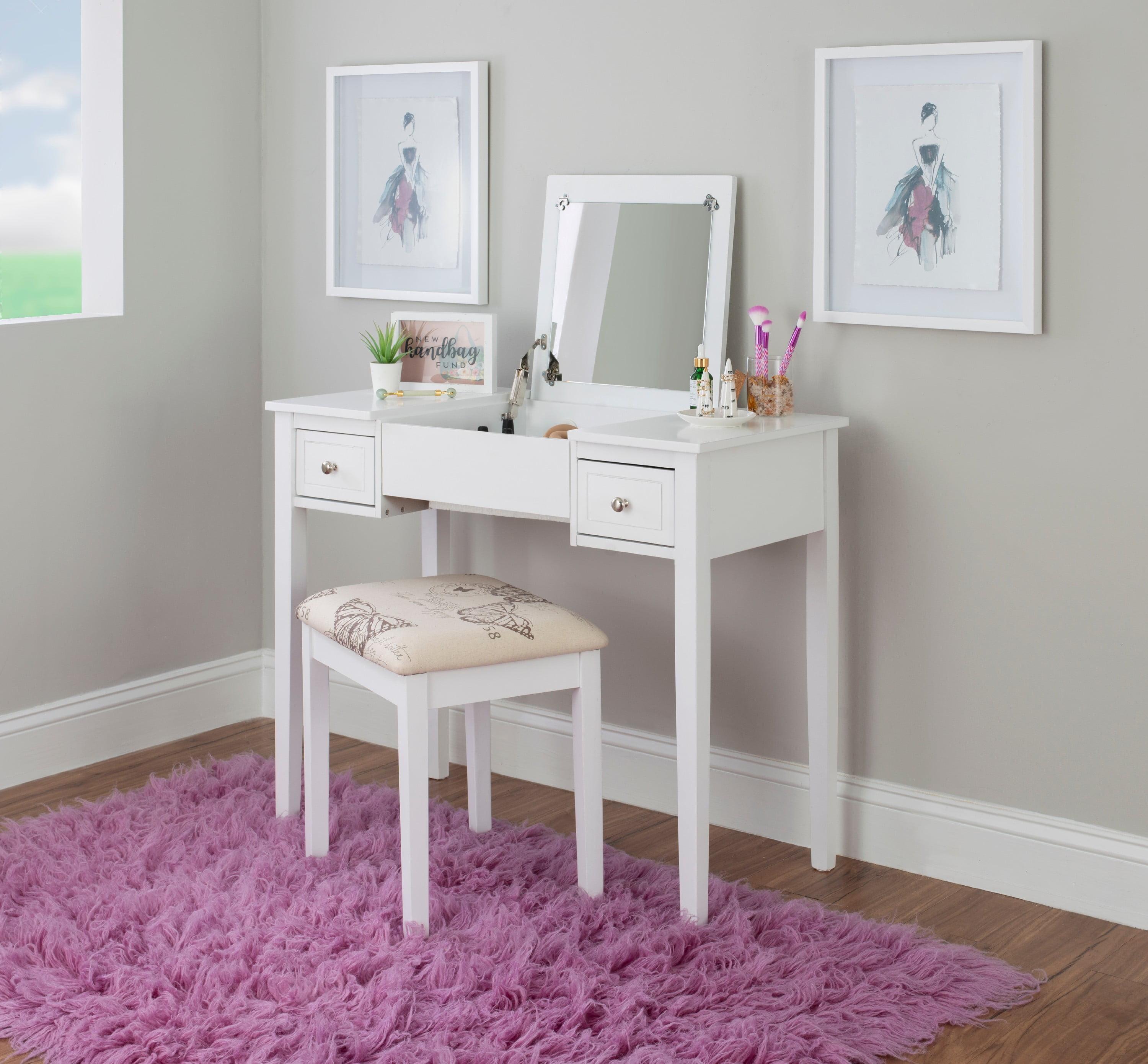 White Vanity Desk with Butterfly Print Bench