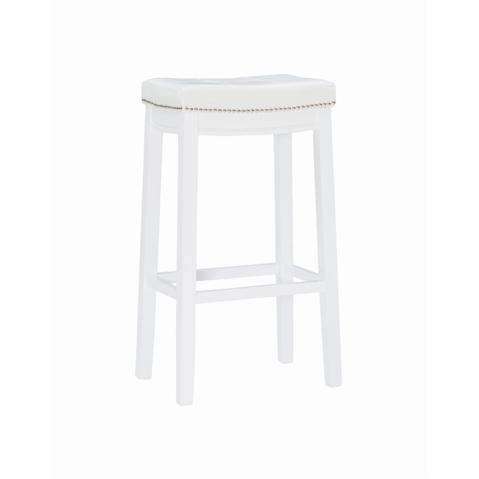 Claridge 32" White Faux Leather and Wood Saddle Barstool with Silver Nailheads