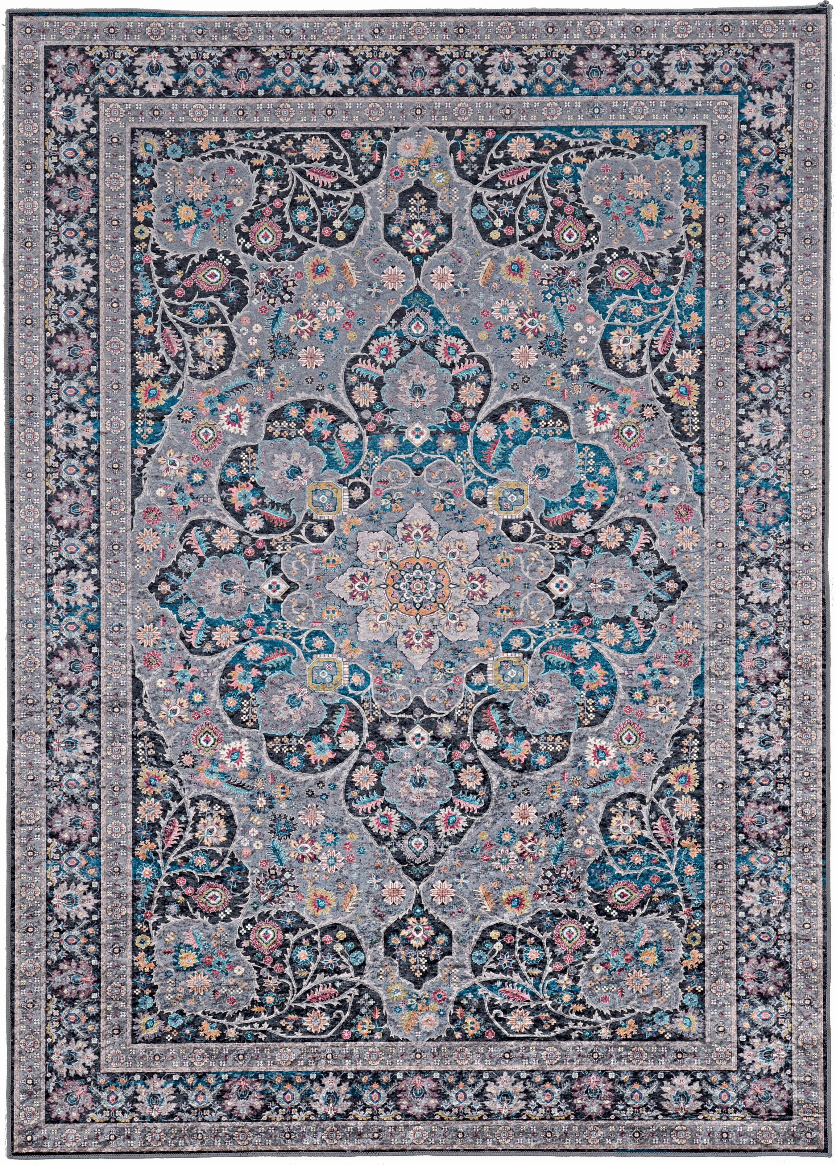 Gray and Teal Traditional Silk-Feel 5' x 7' Rug