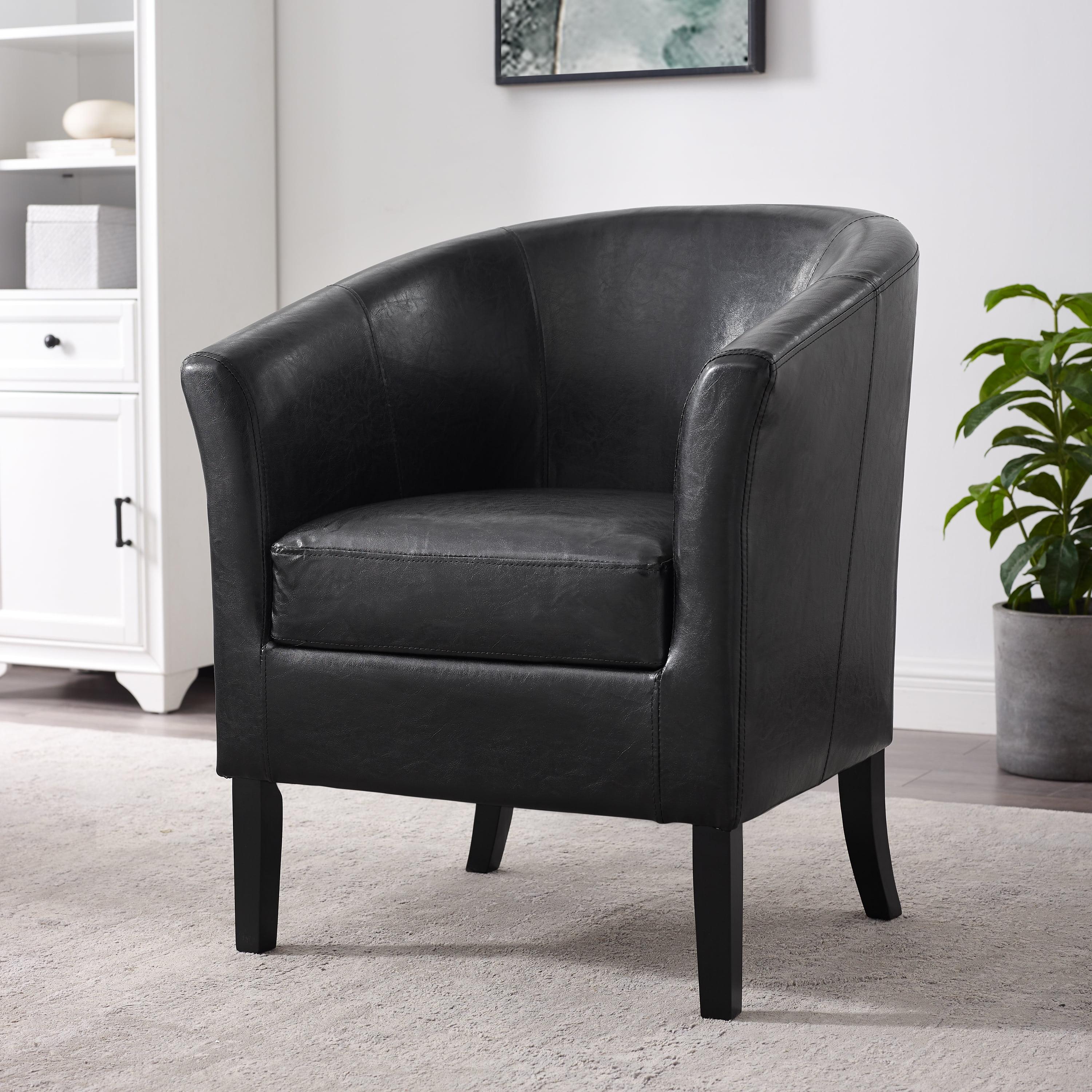 Modern Barrel Black Faux Leather Accent Chair with Wood Frame