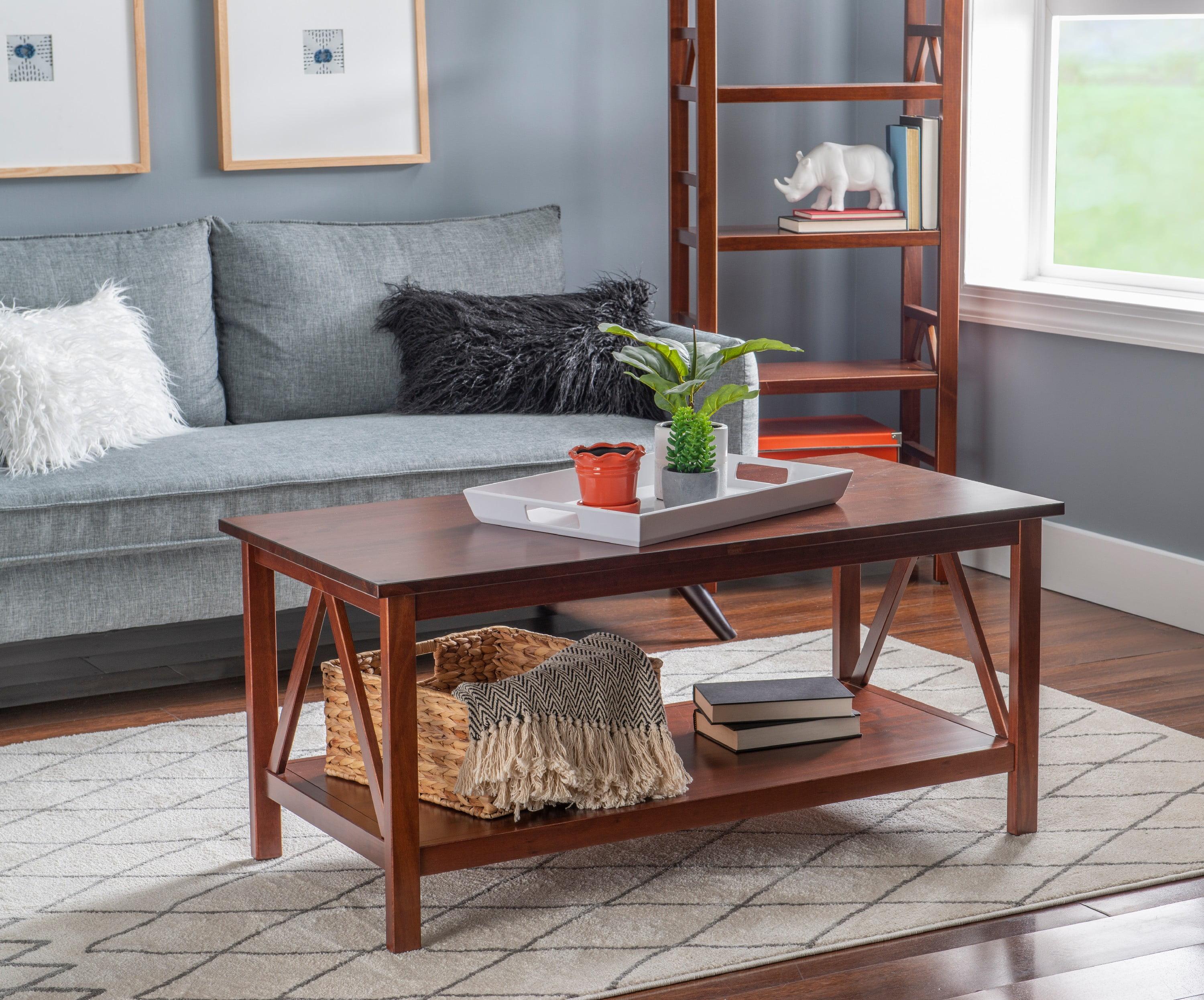 44" Titian Transitional Solid Wood Coffee Cocktail Table Rustic Brown - Linon: Durable, Antique Tobacco Finish, Spacious Shelf