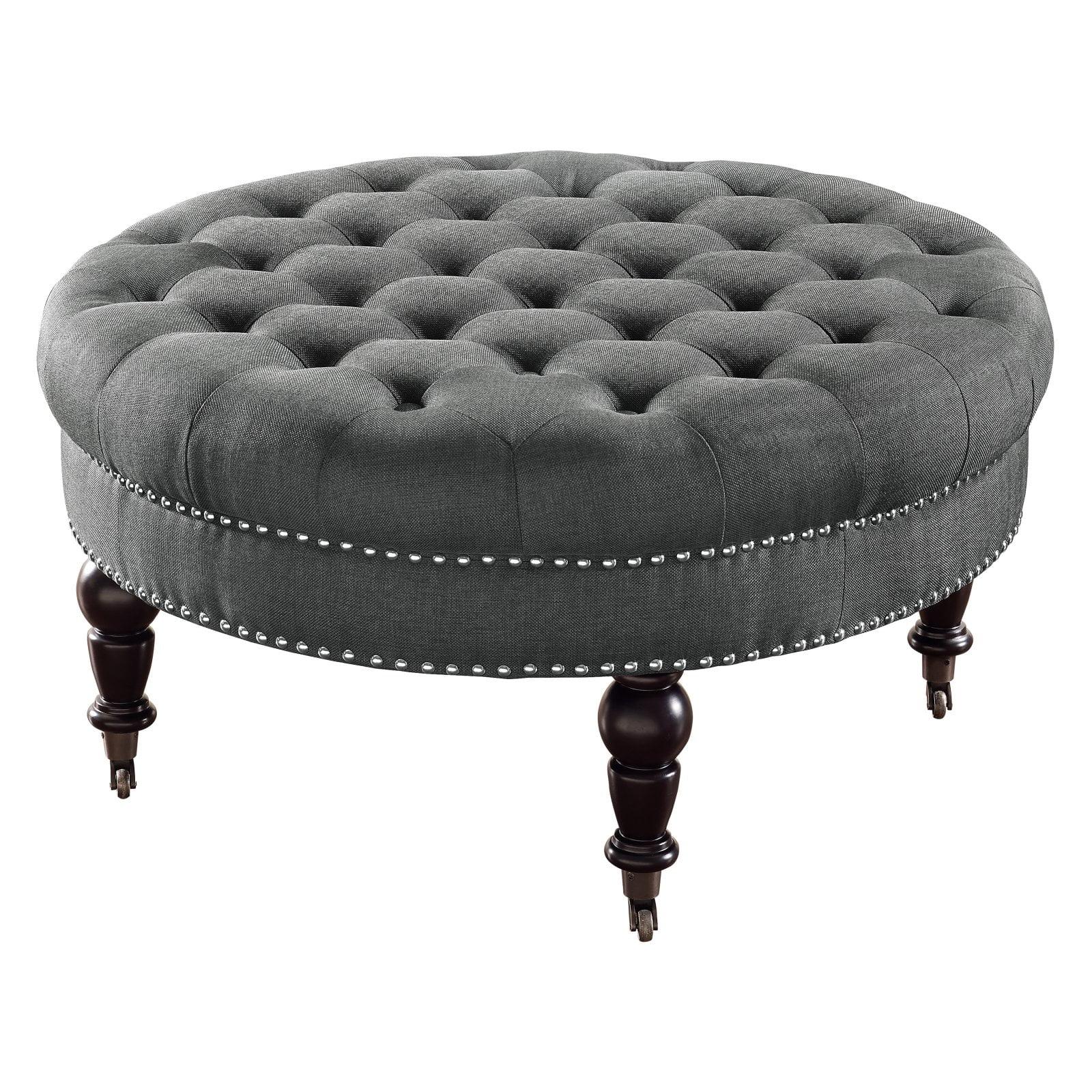 34.6" Isabelle Traditional Round Tufted Upholstered Wheeled Cocktail Ottoman Gray - Linon: Charcoal Linen, Silver Nailhead, Black Legs