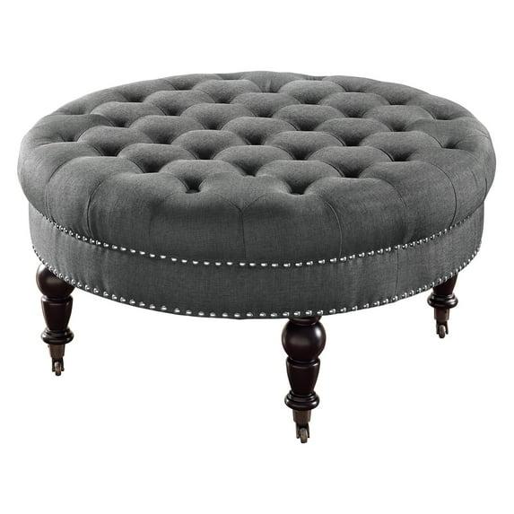 34.6" Isabelle Traditional Round Tufted Upholstered Wheeled Cocktail Ottoman Gray - Linon: Charcoal Linen, Silver Nailhead, Black Legs