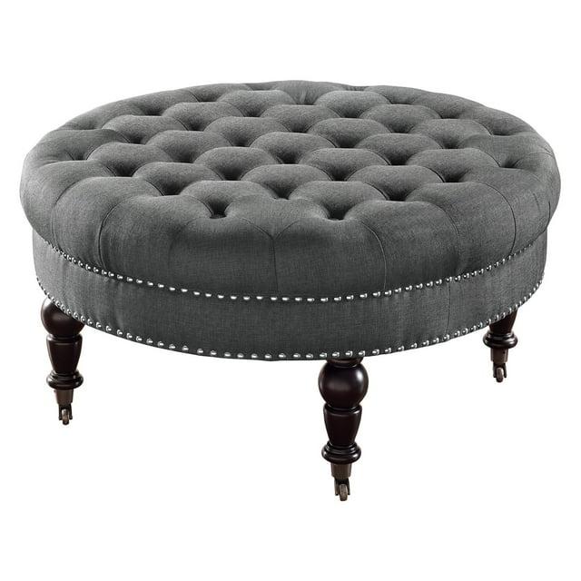 34.6" Isabelle Traditional Round Tufted Upholstered Wheeled Cocktail Ottoman Gray - Linon: Charcoal Linen, Silver Nailhead, Black Legs